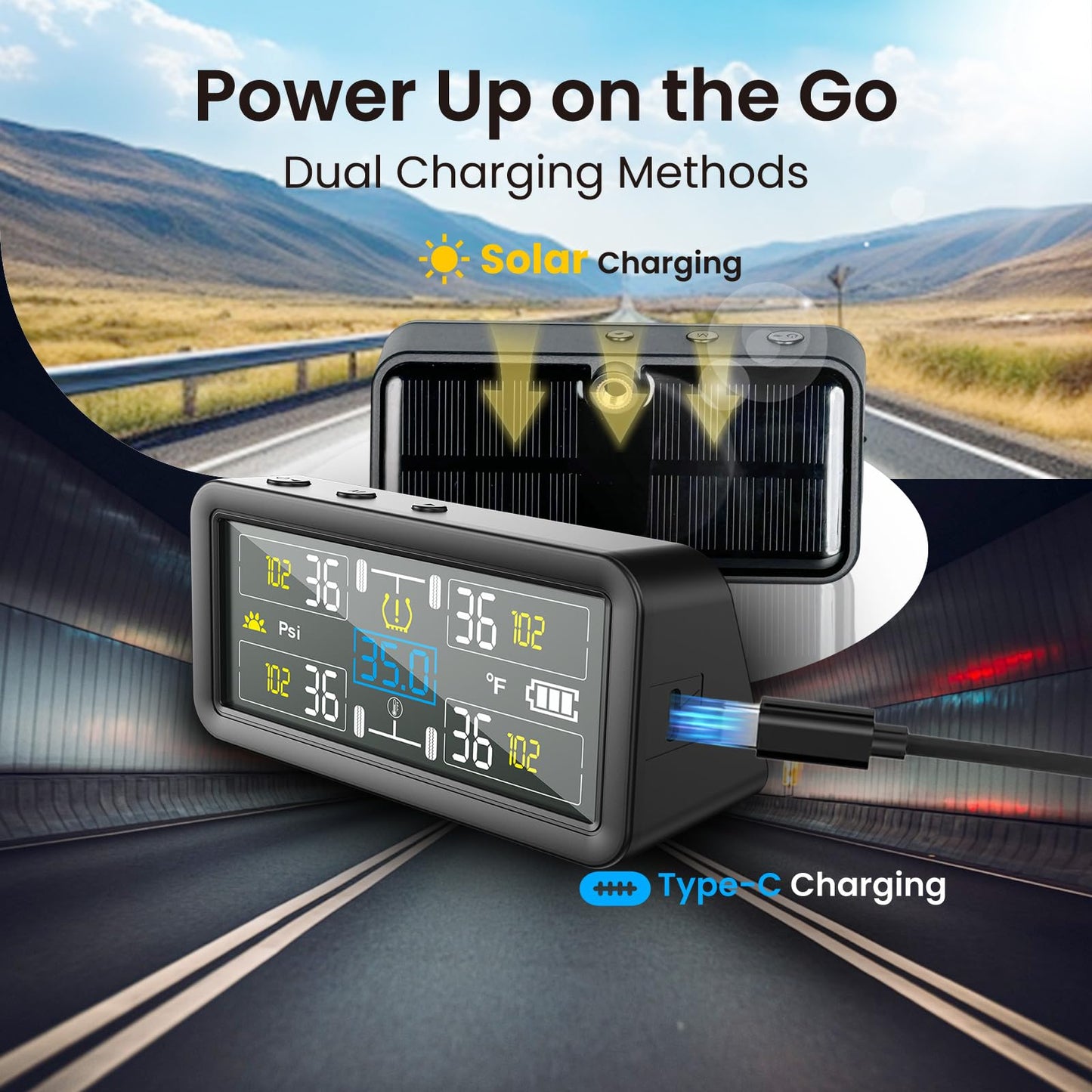 RV Tire Pressure Monitoring Systems with 4-inch LCD Screen, Wireless TPMS w/ 4 Sensors & 6 Alarm Modes, 0-144 PSI ±1.5PSI, Solar/USB Charging, for RV Trailer Truck - with 4 Tire Valve Stem Caps