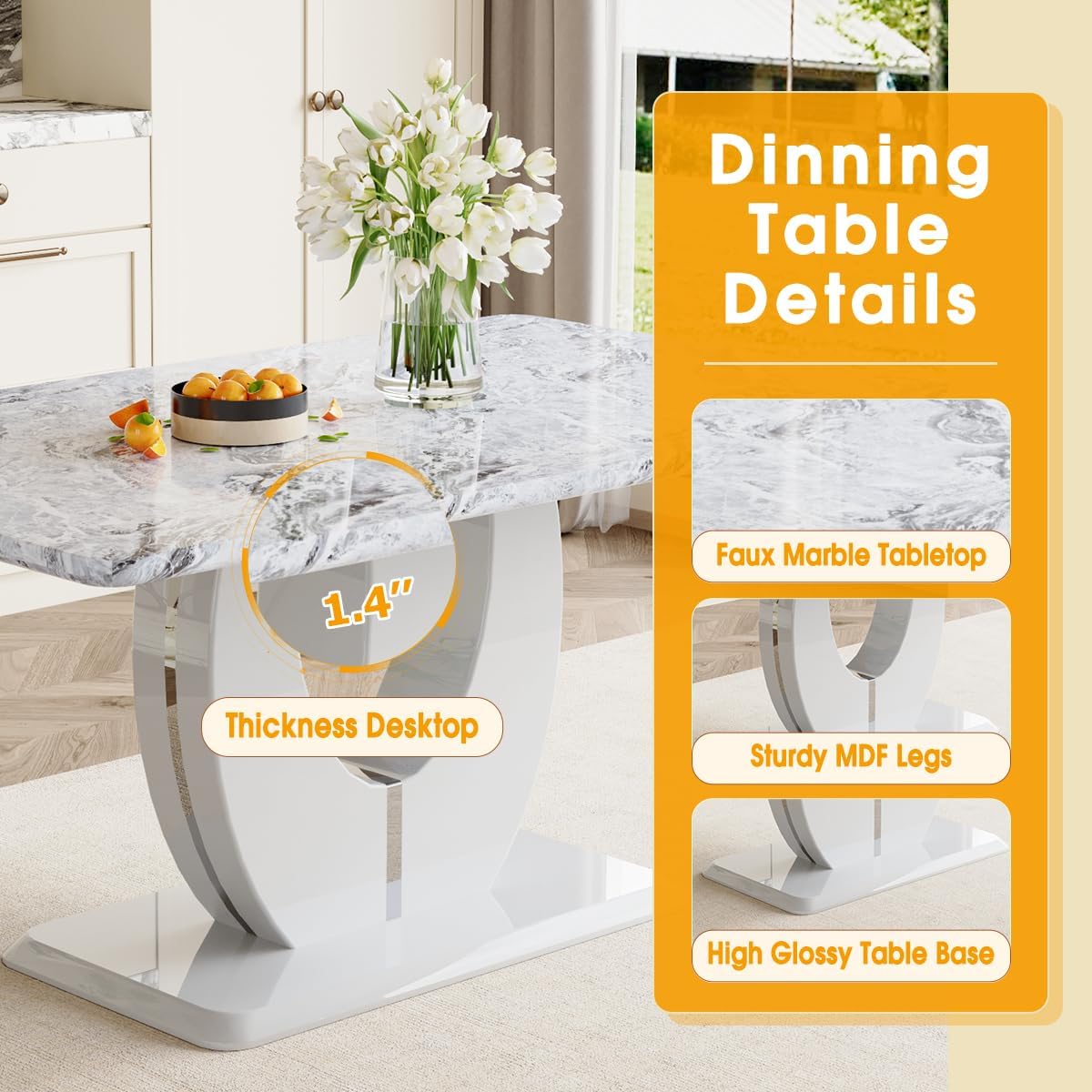 JUFU Dining Table Set for 6 with Chairs PU Upholstered, 63'' Gray Faux Marble Dining Room Table and Chairs, Modern 6 Piece Dining Table Set, Rectangle Dinner Table Set for Dining Room and Kitchen