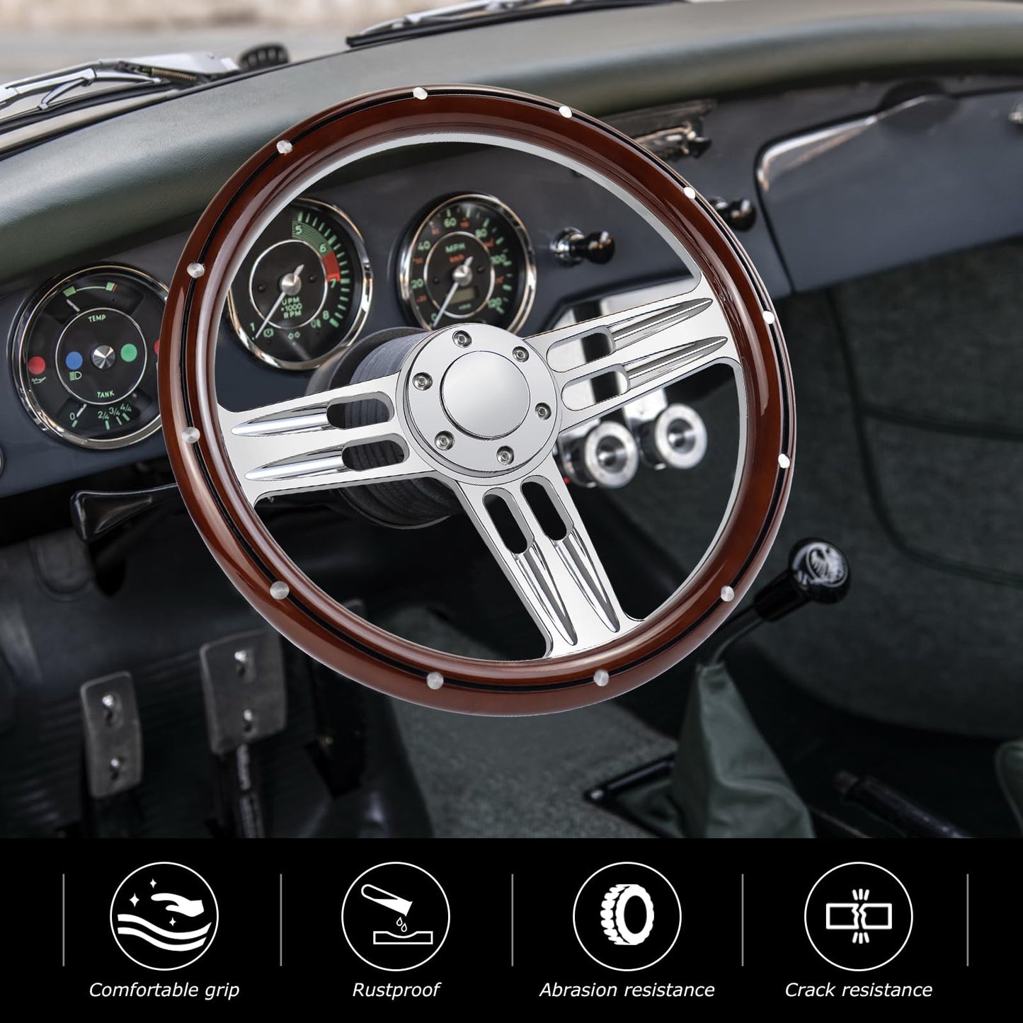 QYMOPAY Billet Wooden Racing Steering Wheel, 6 Hole Steering Wheel with Horn Buttons 3 Spoke for Rally/Motorsport/Car Simulator Driving