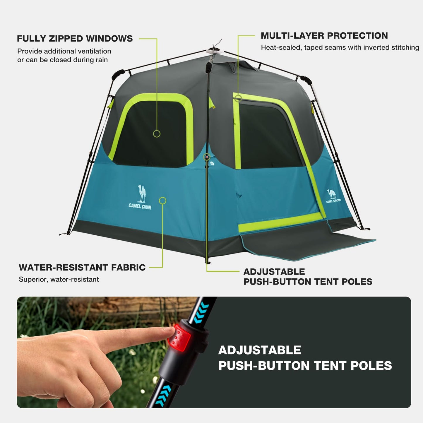 CAMEL CROWN Instant Tents for Camping 2-4 Person Tent Waterproof Easy Setup Sets Up in 60 Seconds Backpacking Tents with Carry Bag for Outdoor Hiking Ink Blue