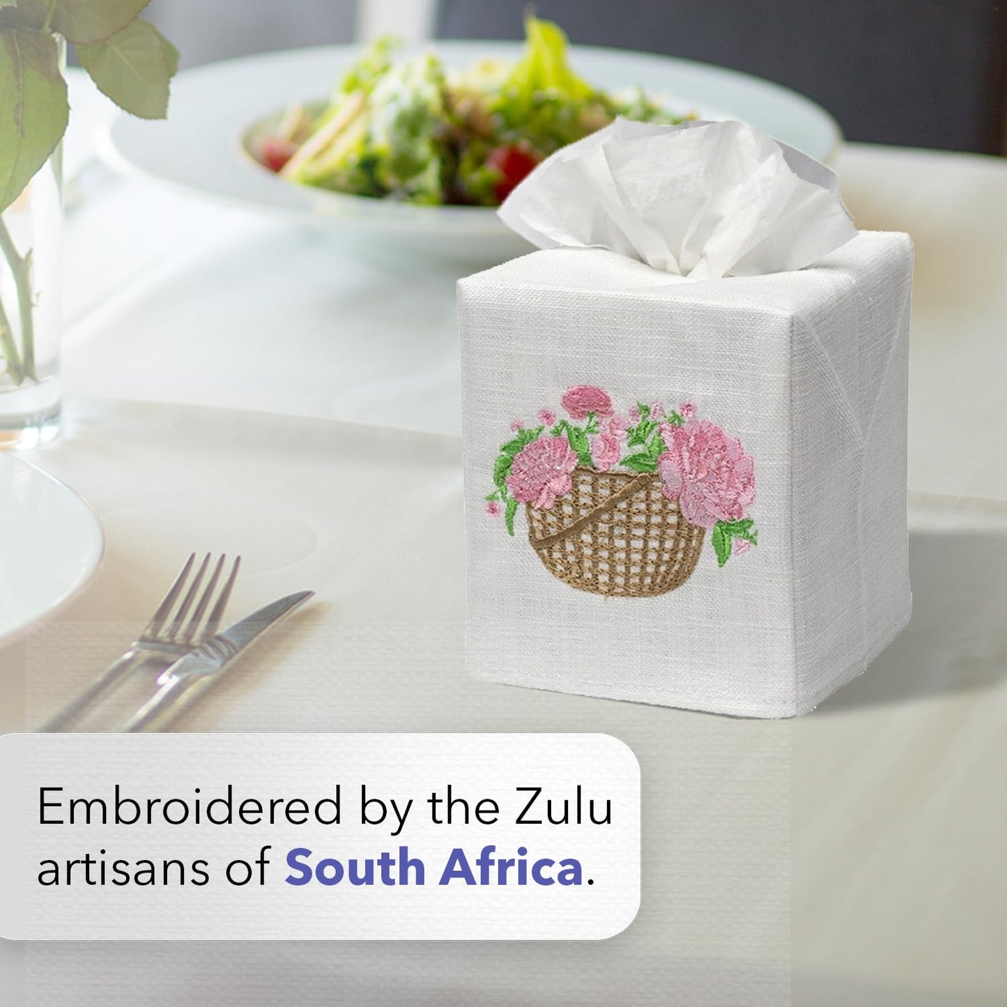 Jacaranda Living Square Tissue Box Cover, Linen/Cotton Fabric Tissue Holder, Decorative Cloth Tissue Cube Cover, Cover, Botanical Designs, Potted Primrose (Pink)