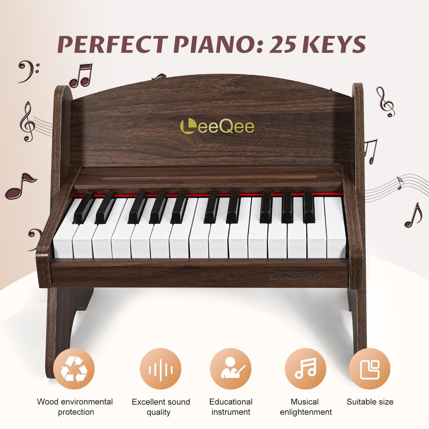 LeeQee Baby Piano for Toddlers, 25 Keys Wooden Piano for Kids with Volume Control, Mini Digital Music Educational Instrument Toy, Dual Power Mode Portable Wood Piano for 3+ Year Old Girls Boys