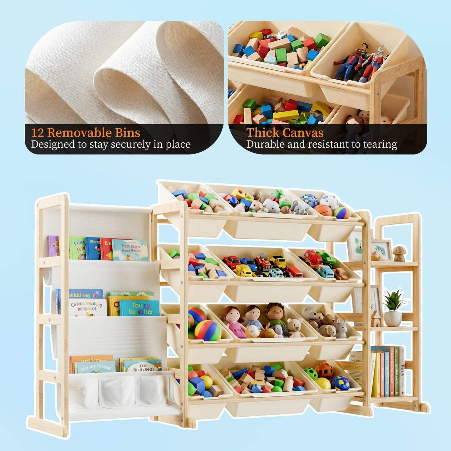 Toy Storage Organizer, 3-in-1 Extra Large Toy Storage with 12 Bins and 3 Side Shelves, 4-Tier Bookshelf, Toys Box for Bedroom Nursery Kids Room Organization, Toddler Playroom Organization Essentials