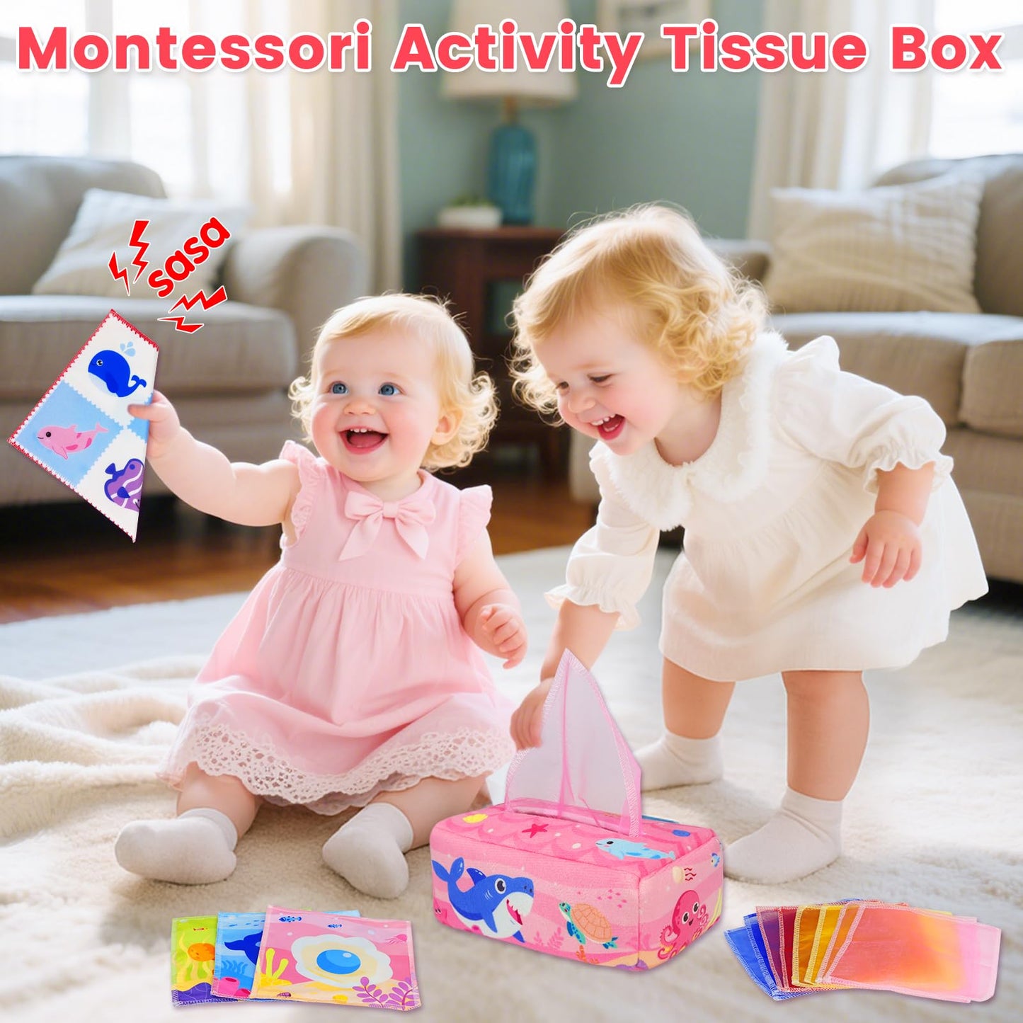 Aiduy Baby Tissue Box Toy - Baby Girl Toys Montessori Toys for Babies 6-12 Months - Soft Stuffed High Contrast Crinkle Infant Sensory Toy 6 7 8 9 10 11 12 Months Old Gifts Pink