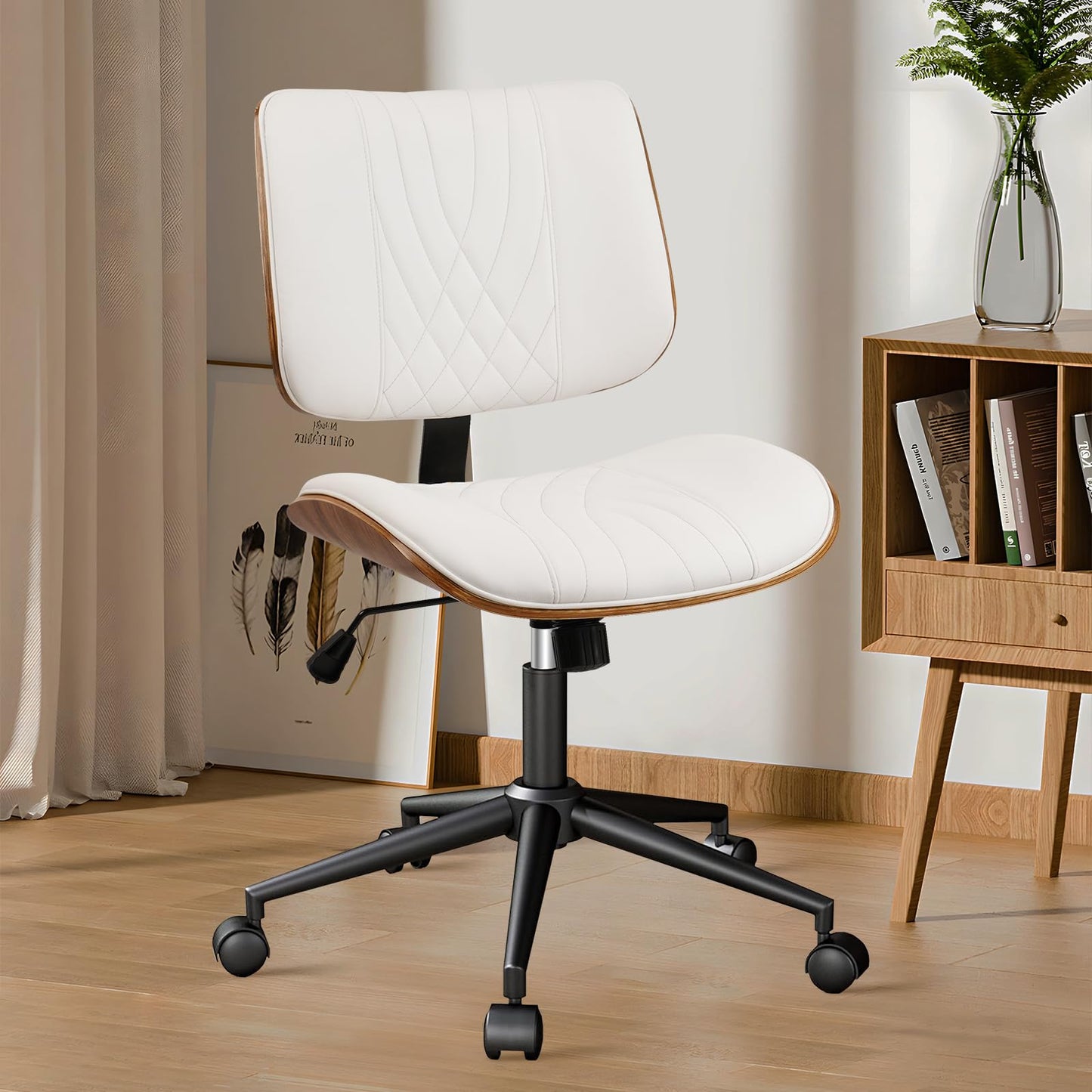 CLATINA Armless Home Office Chair, Desk Chair with Wheels, Adjustable Height Reading Chair, Leather Mid Back & Swivel Computer Chair, Modern Walnut Chairs with Back for Studio Meeting Room(White)