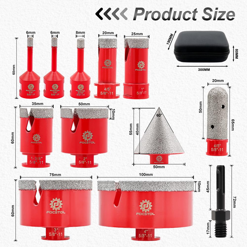 FOCSTOL Diamond Core Drill Bit Set - 12pcs (6/6/8/20/25/35/50/75/100mm+20mm Finger Milling Bit+50mm Beveling Chamfer Bit+SDS) Diamond Hole Saw Kit for Porcelain Ceramic Tile Marble Granite
