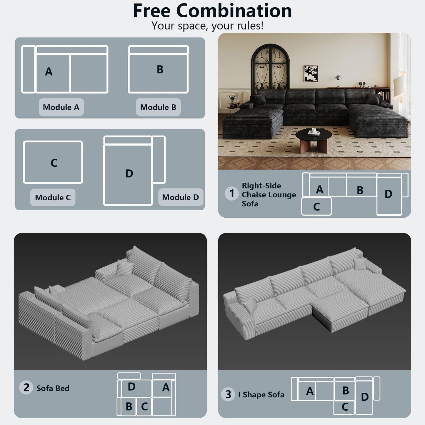 136" Cloud Sectional Couch U-Shaped Chaise with Ottoman, Corduroy Boneless Couch for Living Room Bedroom, Deep-Seat Upholstered Modular Cloud Sofa, No Assembly Required (Black, Right Facing Chaise)