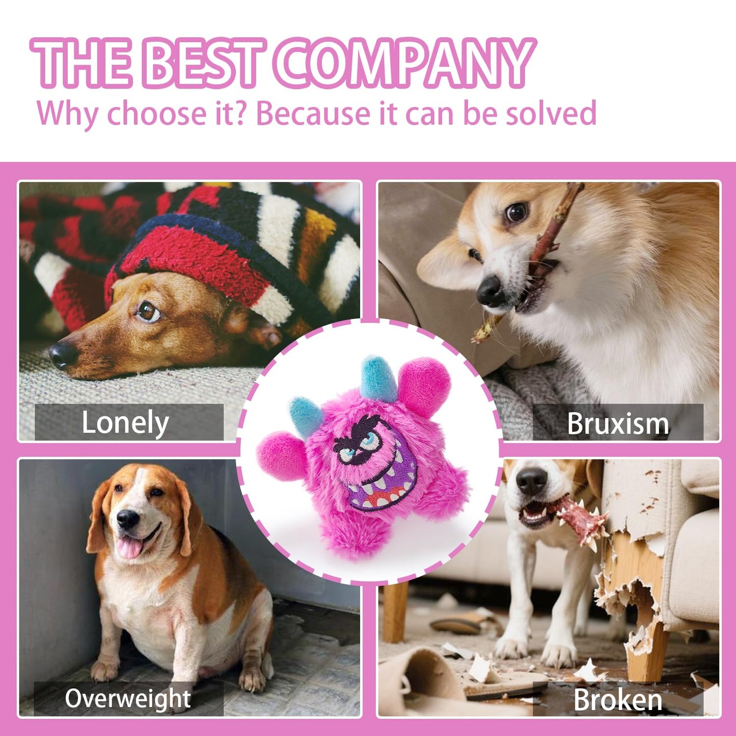 FCCUM Squeaky Plush Ball Dog Toy, Little Monster Puppy Toys Suitable for All Breeds, Dental Care, Skin-Friendly and Soft and Durable (Rose Red, Large)