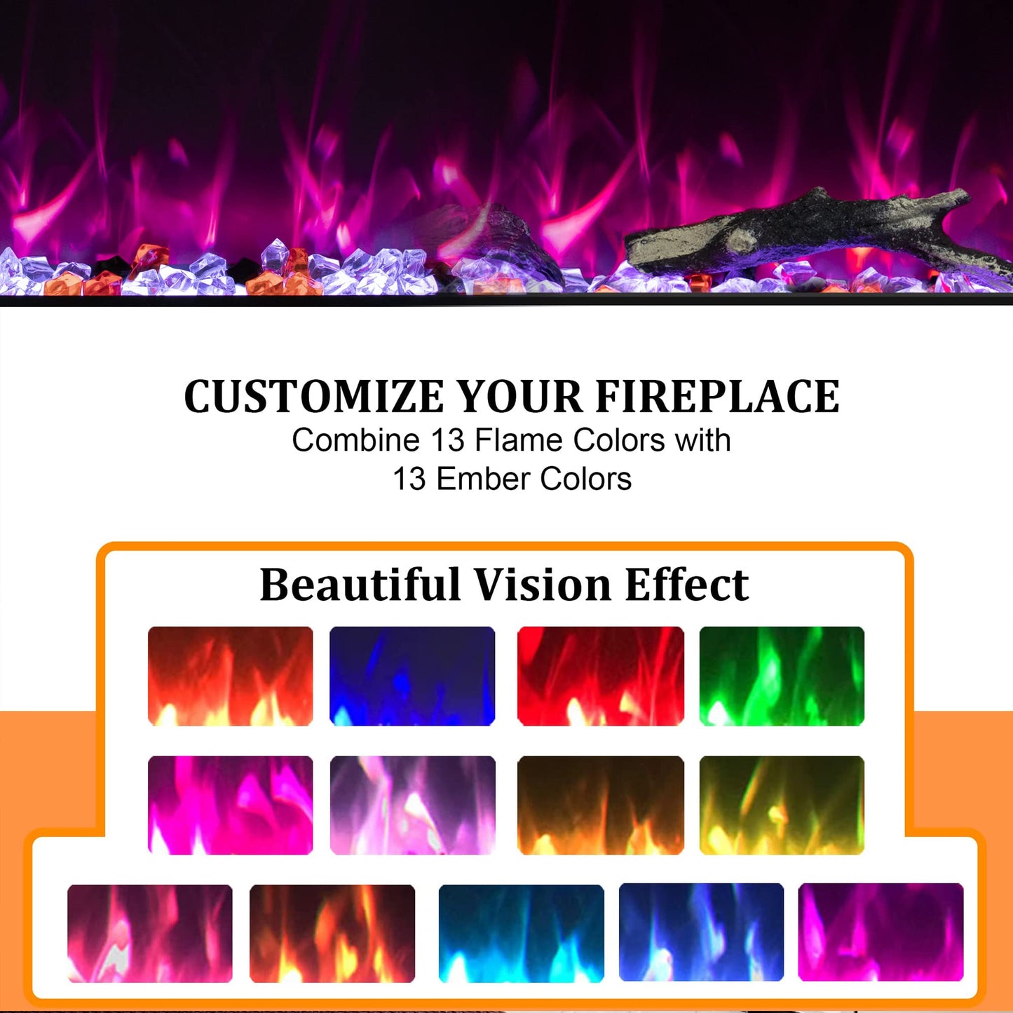 Oxhark Flame Electric Fireplace 42 inch Wide, Wall Mounted Fireplace Inserts Electric Heater, 13 * 13 Flame Effects Like Real Flame, Low Noise, Timer & Thermostat Setting, 750W/1500W, Black