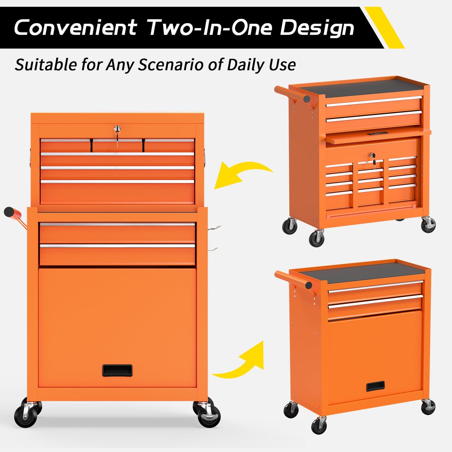 On Shine 8 Drawer Rolling Tool Chest, Large Capacity Rolling Tool Box with Wheels, Locking Mechanical Tool Chest, Portable Tool Box with Sliding Drawers,Metal Tool Box for Garage Workshop (Orange)