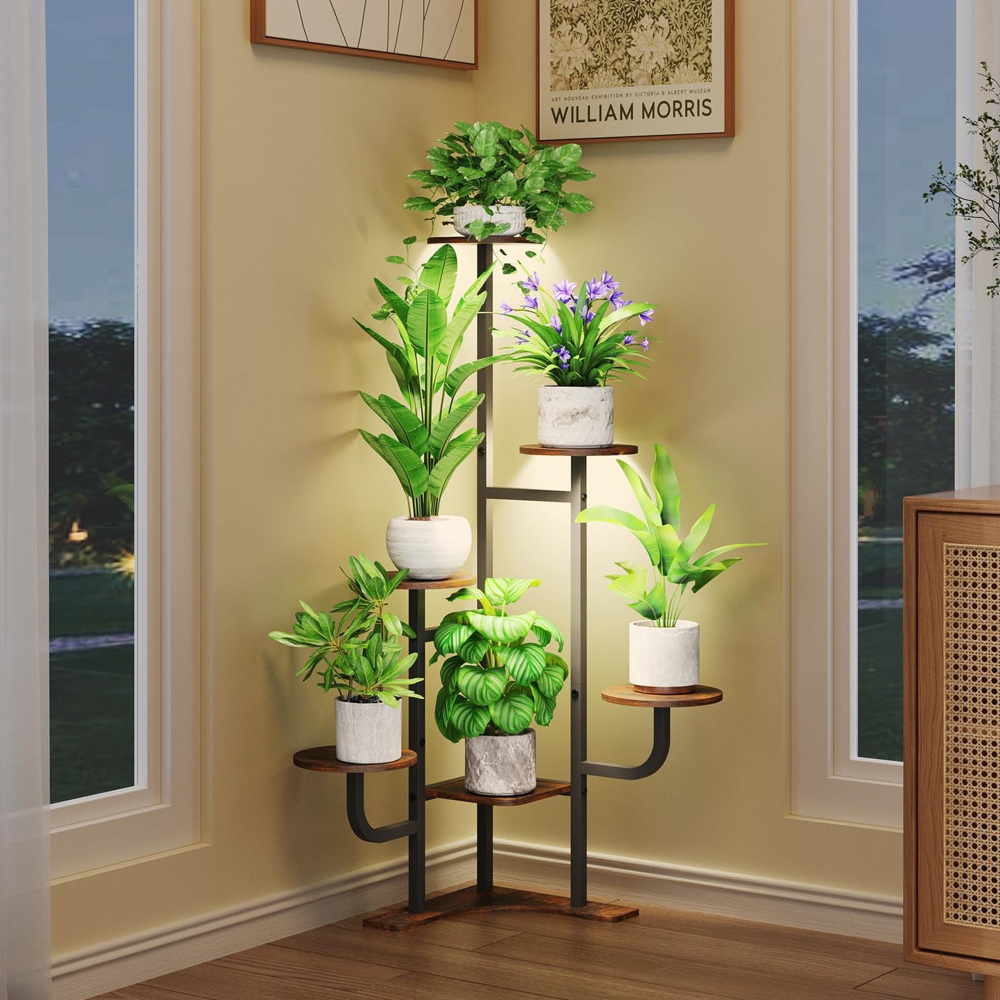 Homsorout Corner Plant Stand with Grow Light - 6 Tier Plant Stand Indoor Round Metal Plant Shelf with Adjustable Light, Plant Organizer for Living Room, Graden, Home Decor (Brown)