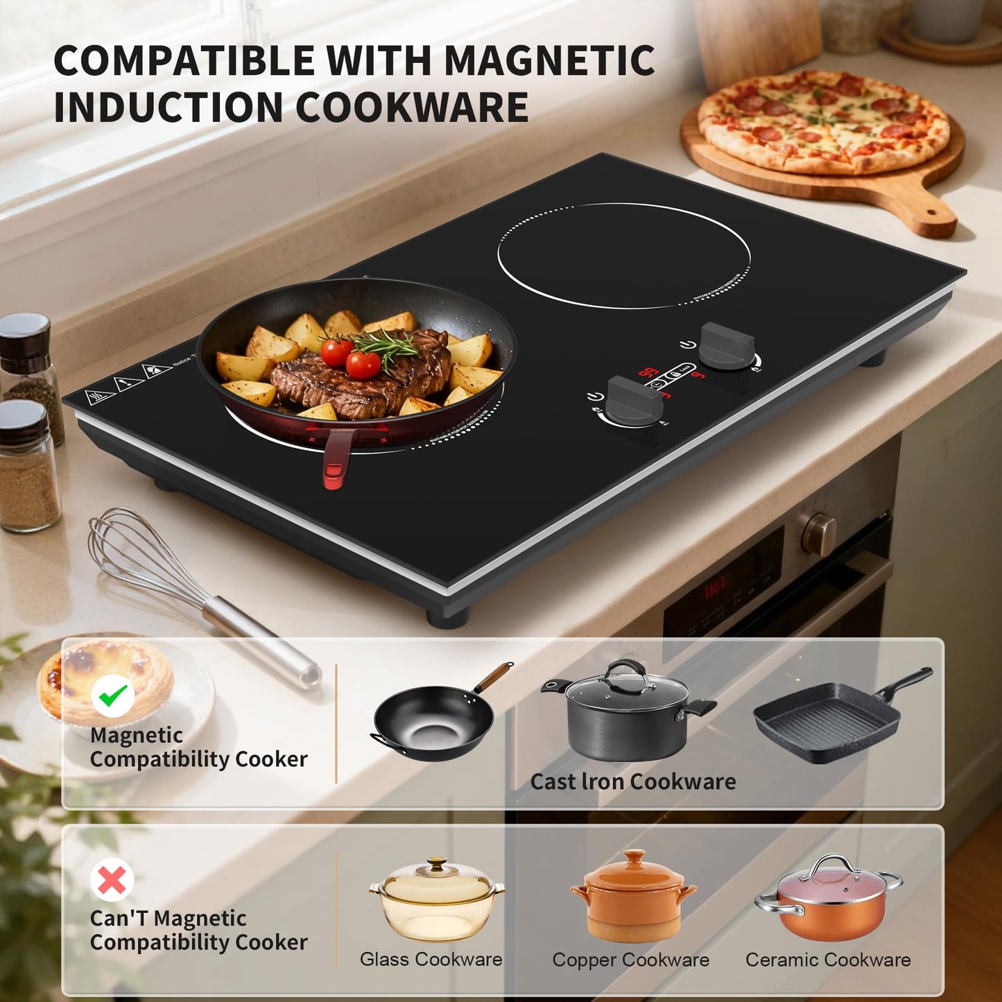 VBGK Induction Cooktop,110V 4000W Countertop burners with Knob Control,9 Power Levels, Kids Lock & Timer,LED touch control,Overheat Protection Electric stove,2 burner induction cooktop