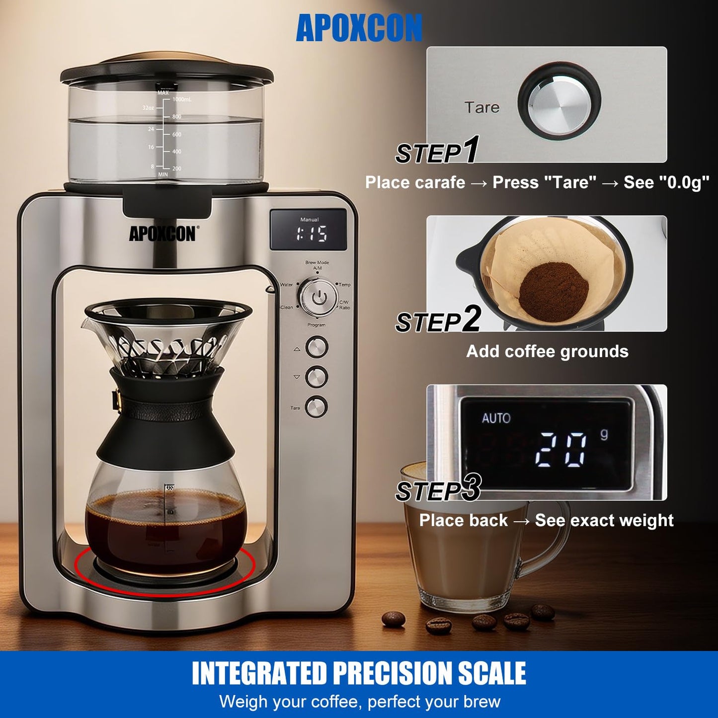 APOXCON Drip Coffee Machine with Carafe, Pour Over Coffee Maker with Auto & Manual Mode, 24-Hr Programmable Single-Serve Brewer, Built-in Scale, Stainless Steel Filter - 1L