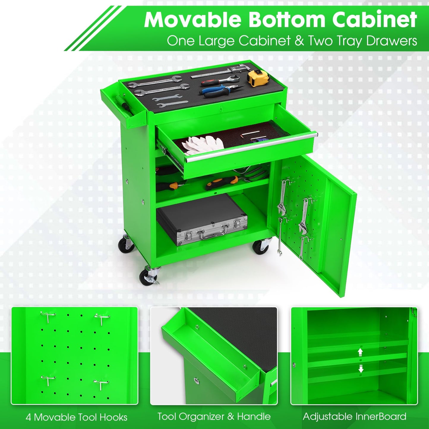 Dawmilon 5-Drawer Rolling Tool Chest, 2-in-1 Tool Box Organizer with Lockable Wheels, Sliding Drawers, and Detachable Top, Garage Workshop Tool Storage Cabinet, Green