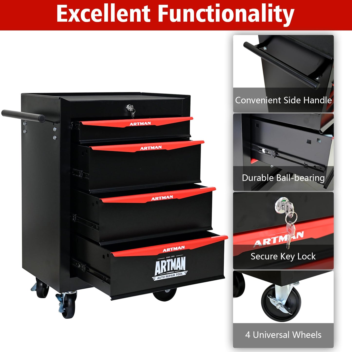 RYH 4-7 Drawers Rolling Tool Chest - 13" D x 20.9" W x 30.5" H Heavy Duty Mobile Tool Cart with Locking Wheels & Ball Bearing Drawers, Garage Tool Storage Cabinet (Black, 4 Drawers)