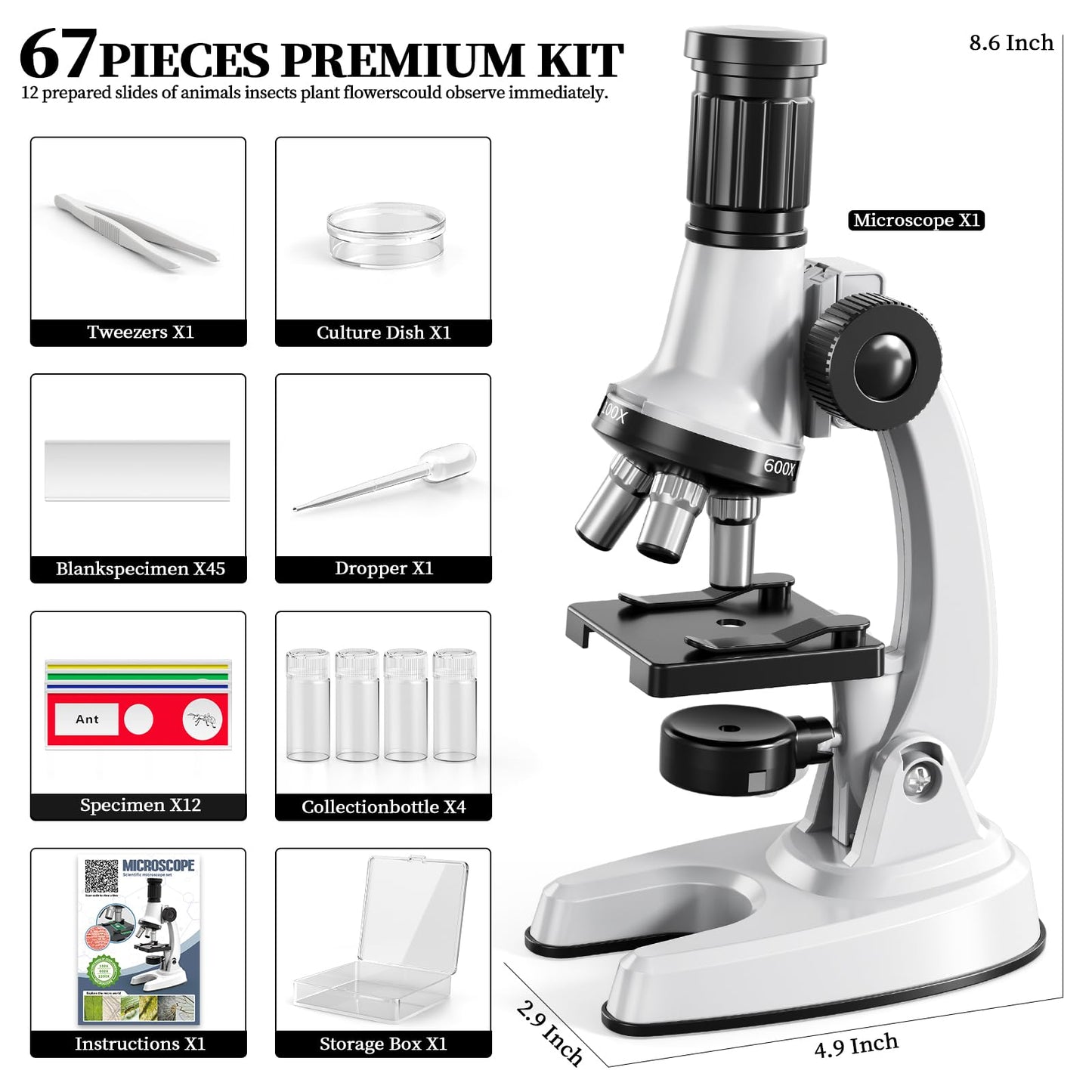 Novaluki 65 Pieces Microscope Kit for Kids Ages 5-7 8-13, 100X-1200X Magnification with 7 Colors of LED Lights and 12 Prepared Slides, Science Experiment STEM Kits for Boys and Girls Age 8-12 Years