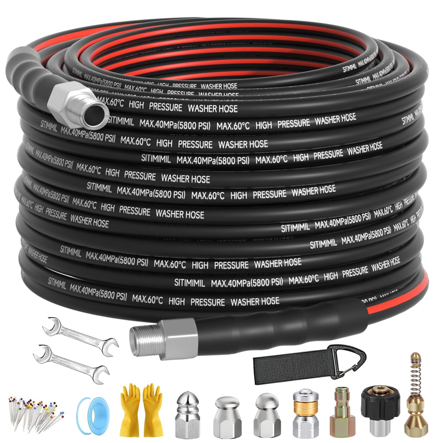 Sewer Jetter Kit for Pressure Washer 50FT, Drain Cleaner Hose 1/4 Inch NPT, NPT Corner Swivel and Push Button Nose Sewer Jet Nozzle Wrenches Gloves Waterproof Tape Pearl Brooch,5800PSI