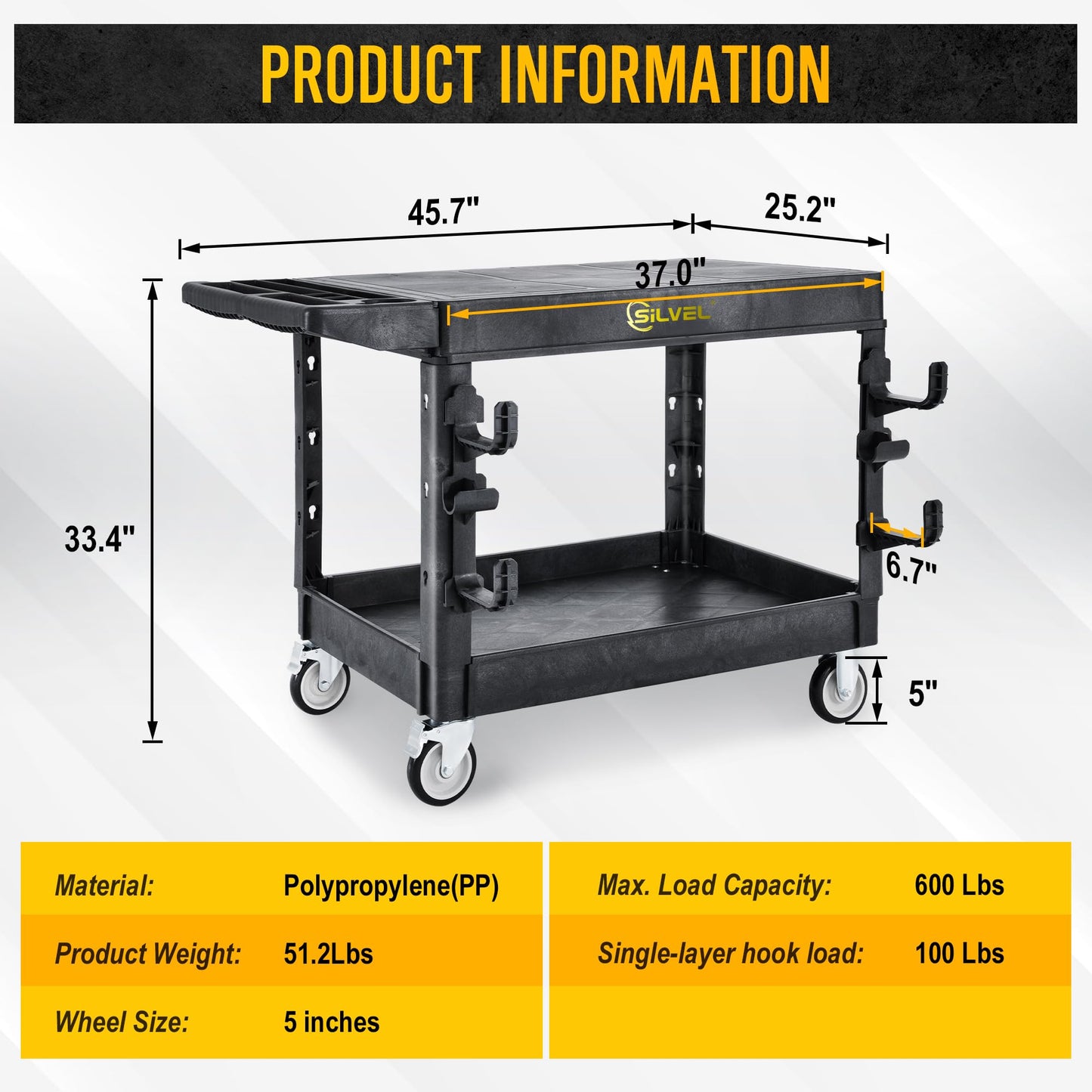 SILVEL Flat Top Utility Cart 45.6X25.2in Heavy Duty Flat with Full Swivel Wheels 600LBS Capacity 2 Shelf Service Cart Rolling Utility Carts with Wheels Ergonomic Handle for Warehouse,Garage,Cleaning