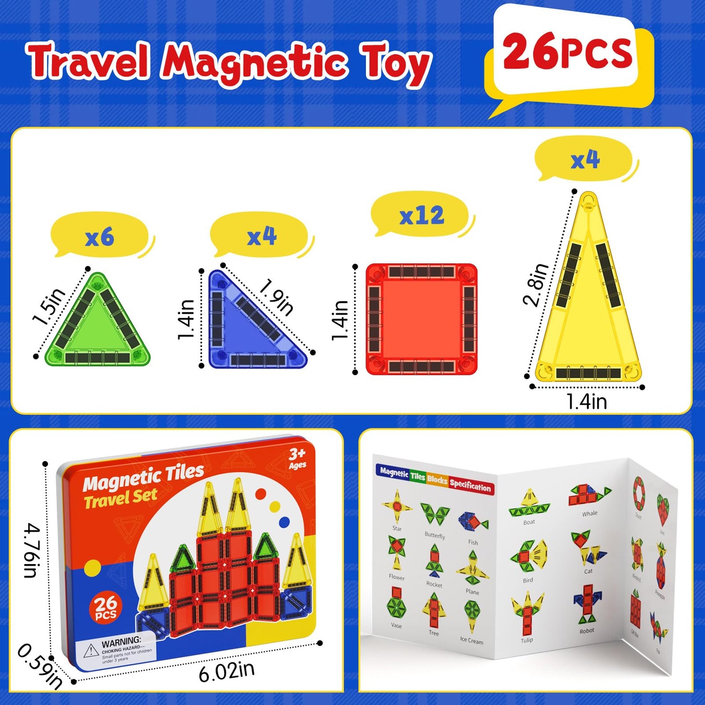 JSDKFJSA Magnetic Tiles Travel Toys with Storage Case, Portable STEM Building Blocks for 3-8 Year Olds, Toddler Airplane Activities & On-The-Go Birthday Gift for Boys & Girls