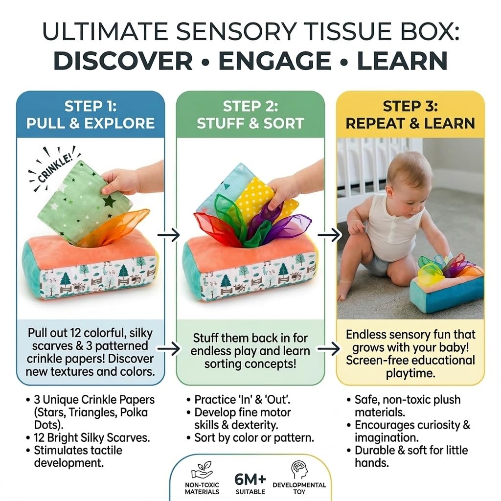 Baby Tissue Box Toy - Montessori Play for Infants and Toddlers - Sensory Textured Box with 12pcs Matching Colorful Scarves and 3pcs Crinkle Paper