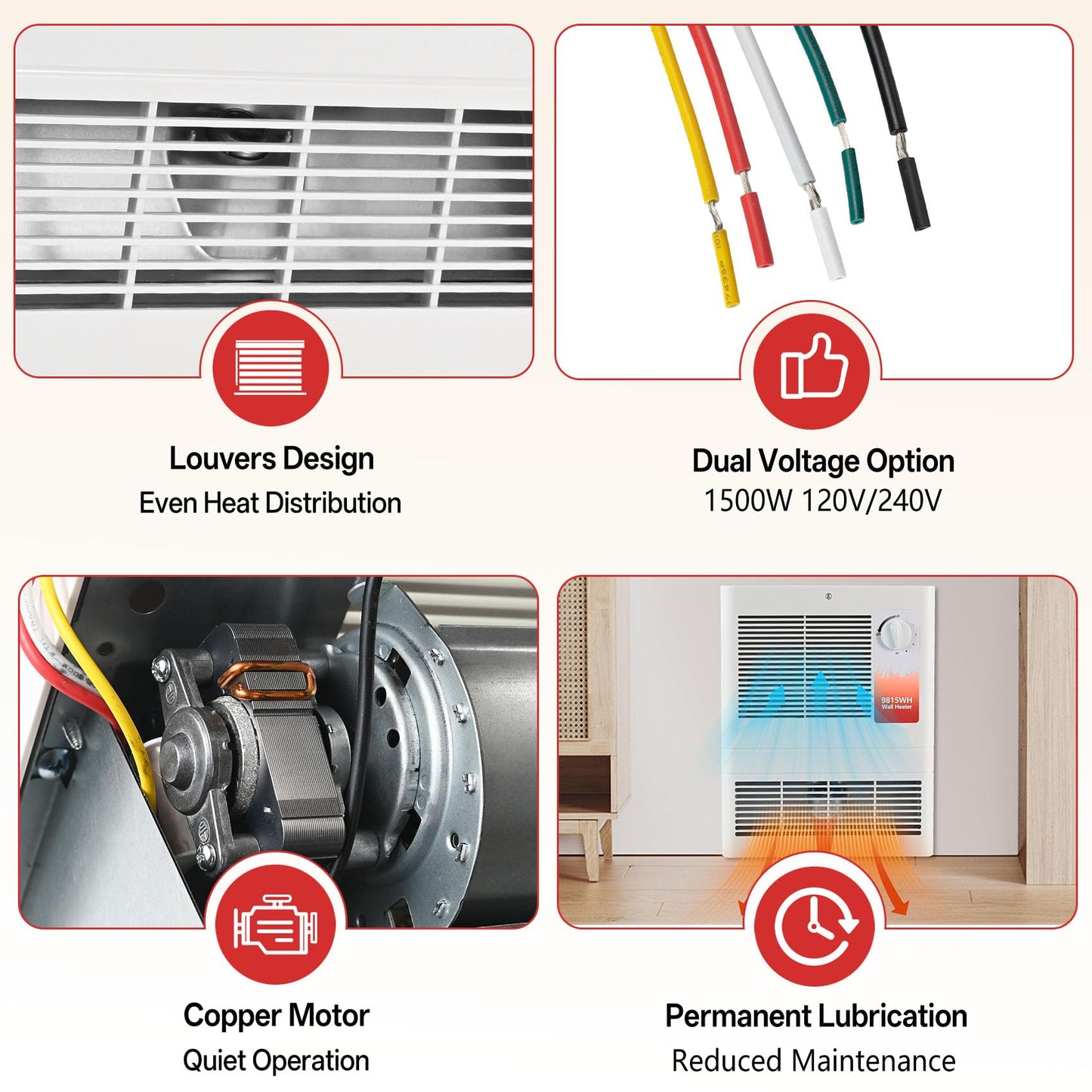 9815WH Large Capacity Electric Wall Heater, High Capacity Wall Heater with Built-In Adjustable Thermostat and Silent Motor, 1500 W, 120/240 V, Overheat Protection