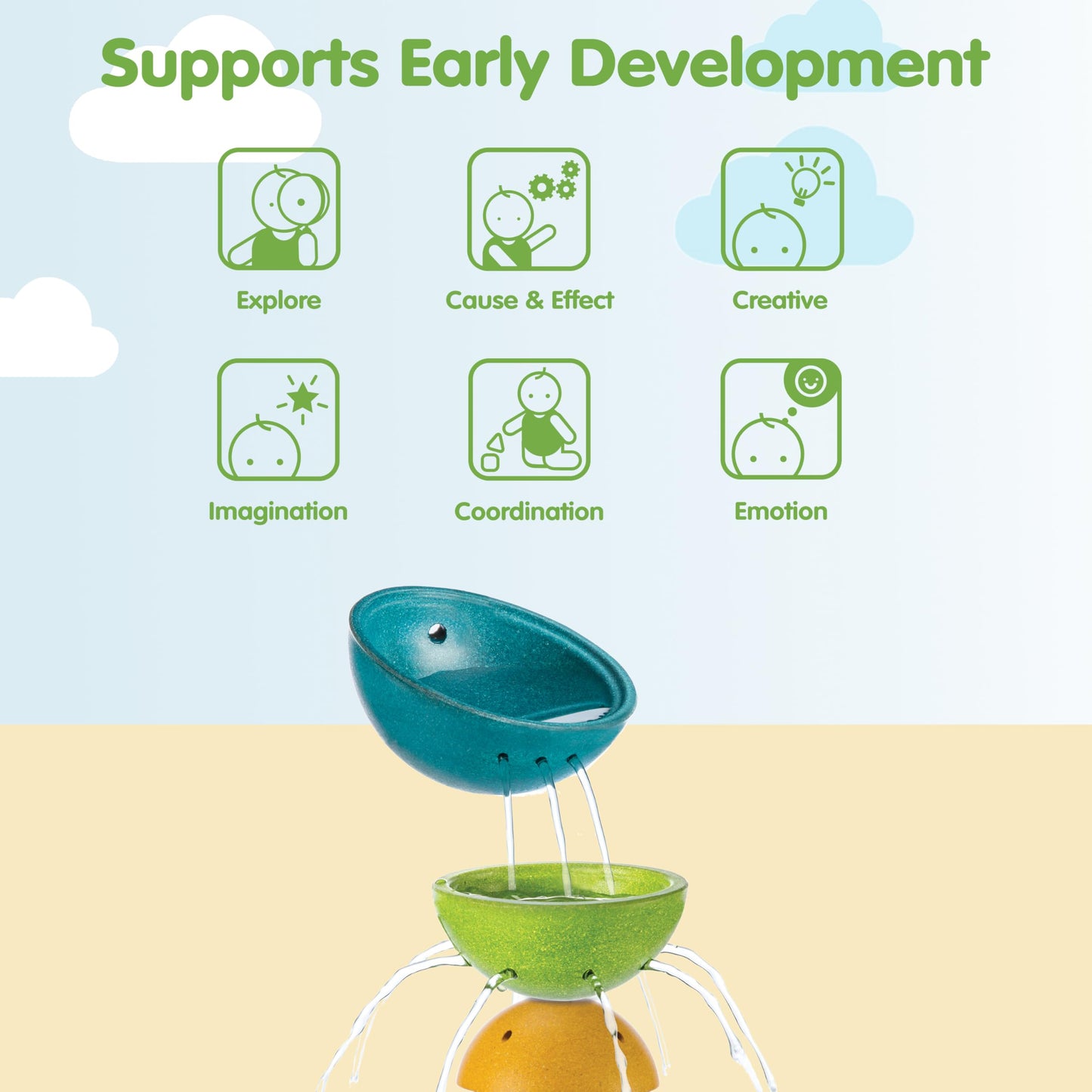 PlanToys® Fountain Bowl Set Montessori Water Play Toys for Toddlers | Sensory Bath & Beach Toy | STEM Toy for 1 Year Old | Eco-Friendly Pouring & Scooping Bowls