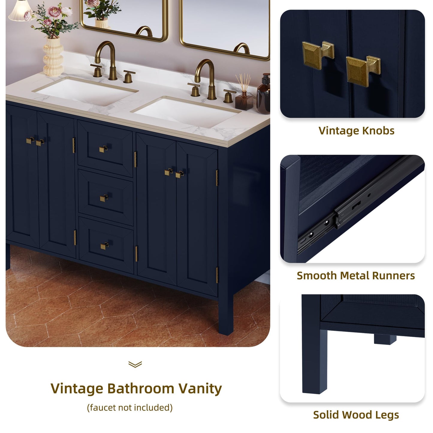 DWVO 47 Inch Bathroom Vanity with Double Sink, Retro Bathroom Storage Cabinet with Sintered Stone Countertop, Six Holes, 4 Doors & 3 Drawers