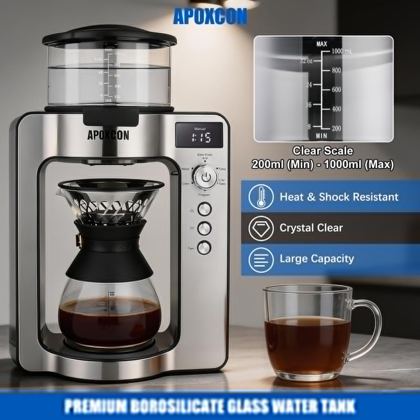 APOXCON Drip Coffee Machine with Carafe, Pour Over Coffee Maker with Auto & Manual Mode, 24-Hr Programmable Single-Serve Brewer, Built-in Scale, Stainless Steel Filter - 1L