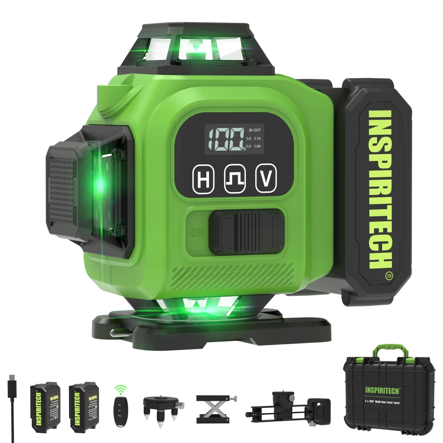 INSPIRITECH Laser Level 360 Self Leveling with Hard Case & Remote, 4x360 Rechargeable Green Line Laser for Framing Wall Ceiling Floor Tile