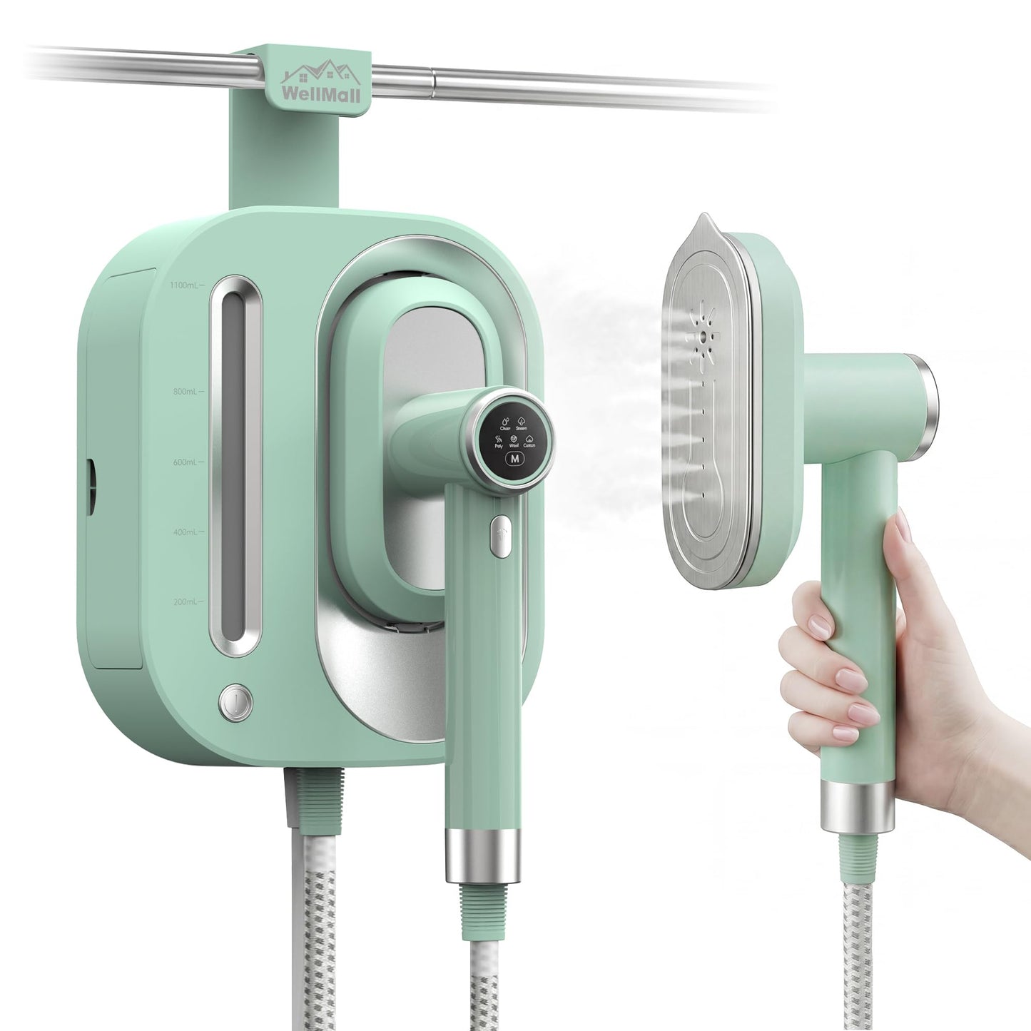 WellMall 2 In 1 Steamer for Clothes: 1550W Powerful Steamer with 1100ml Detachable Tank, 30s Fast Heat-Up, Horizontal & Vertical Use, Portable Wrinkle Remover for Clothes Drapes Bedding (Green)