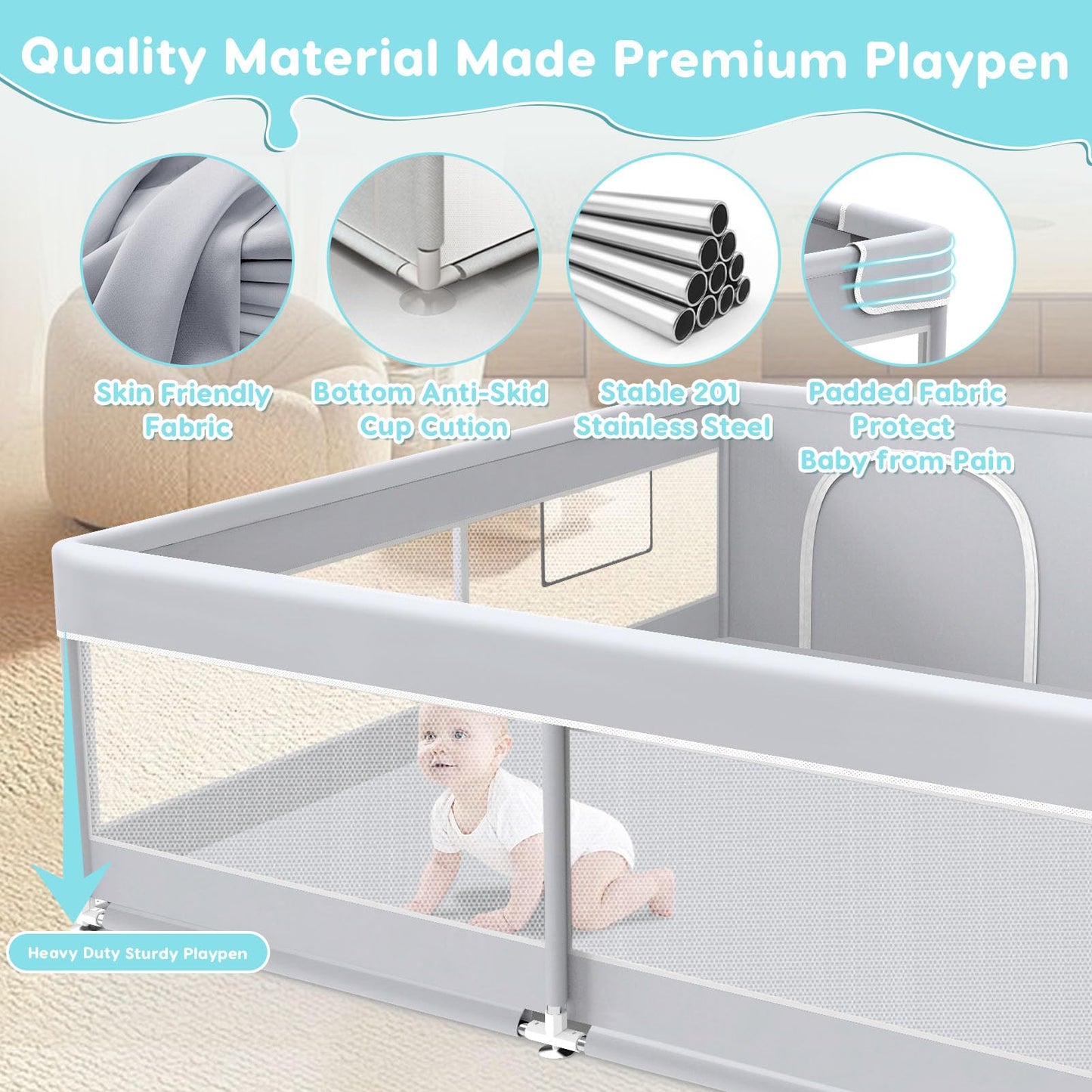 Fshibila Baby Playpen, 50x50 Inch Baby Playard for Babies and Toddlers, Play Pens for Indoor & Outdoor, Sturdy Safety Play Yard with Soft Breathable Mesh, Anti-Fall, Grey