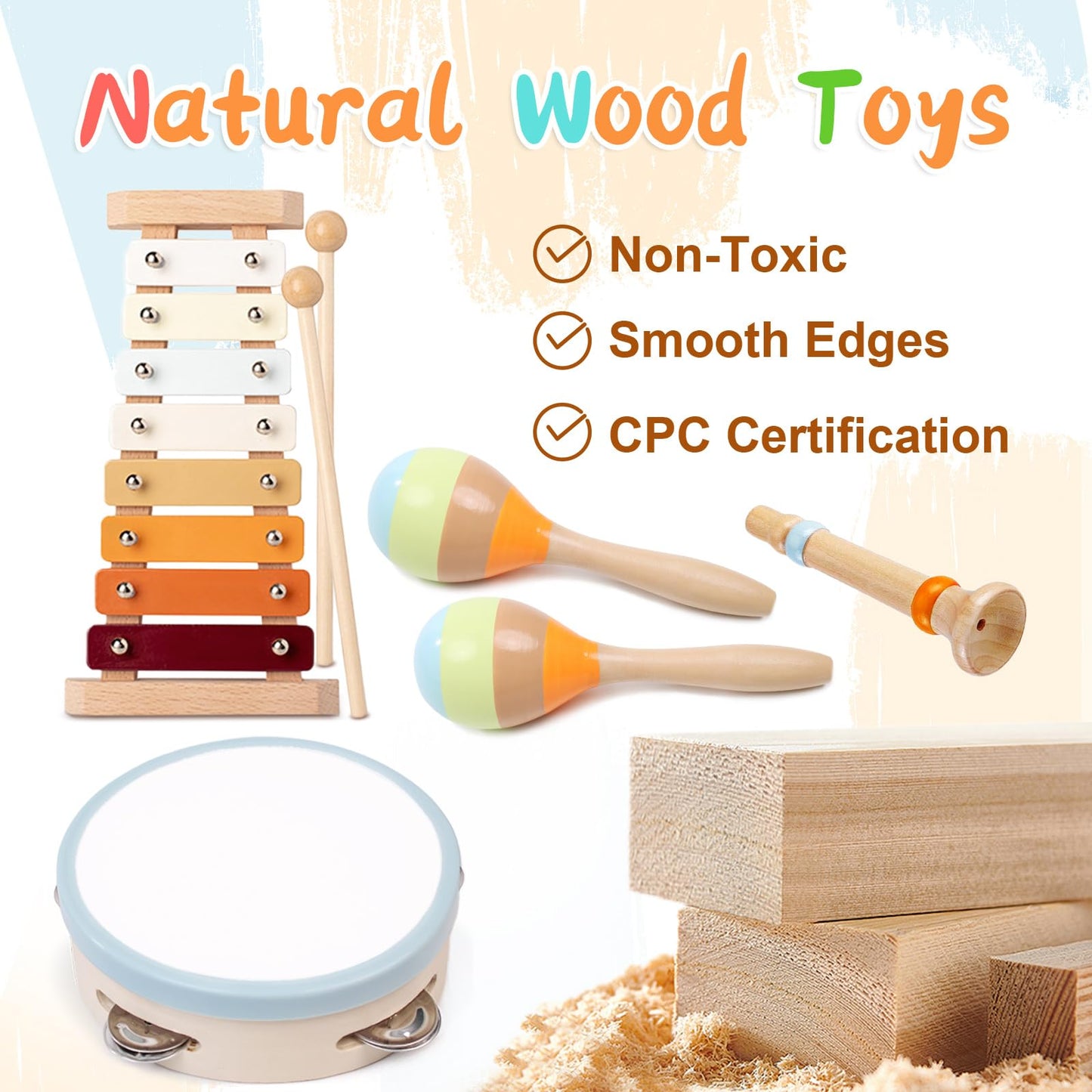 Toddler Musical Instruments Sets, Montessori Wooden Percussion Educational Baby Musical Toys Xylophone Maracas Tambourine for 2 3 4 Year Old, 18 Months Gifts for Baby Boys Girls Kids