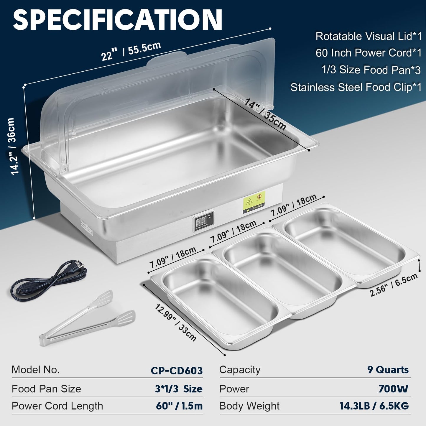 THXSUN Electric Chafing Dish, 3 x 3QT Size Electric Chafing Dish Buffet Set with Rotary Knob Adjustable Temp, 700W Electric Buffet Servers and Warmers with Roll Top for Catering