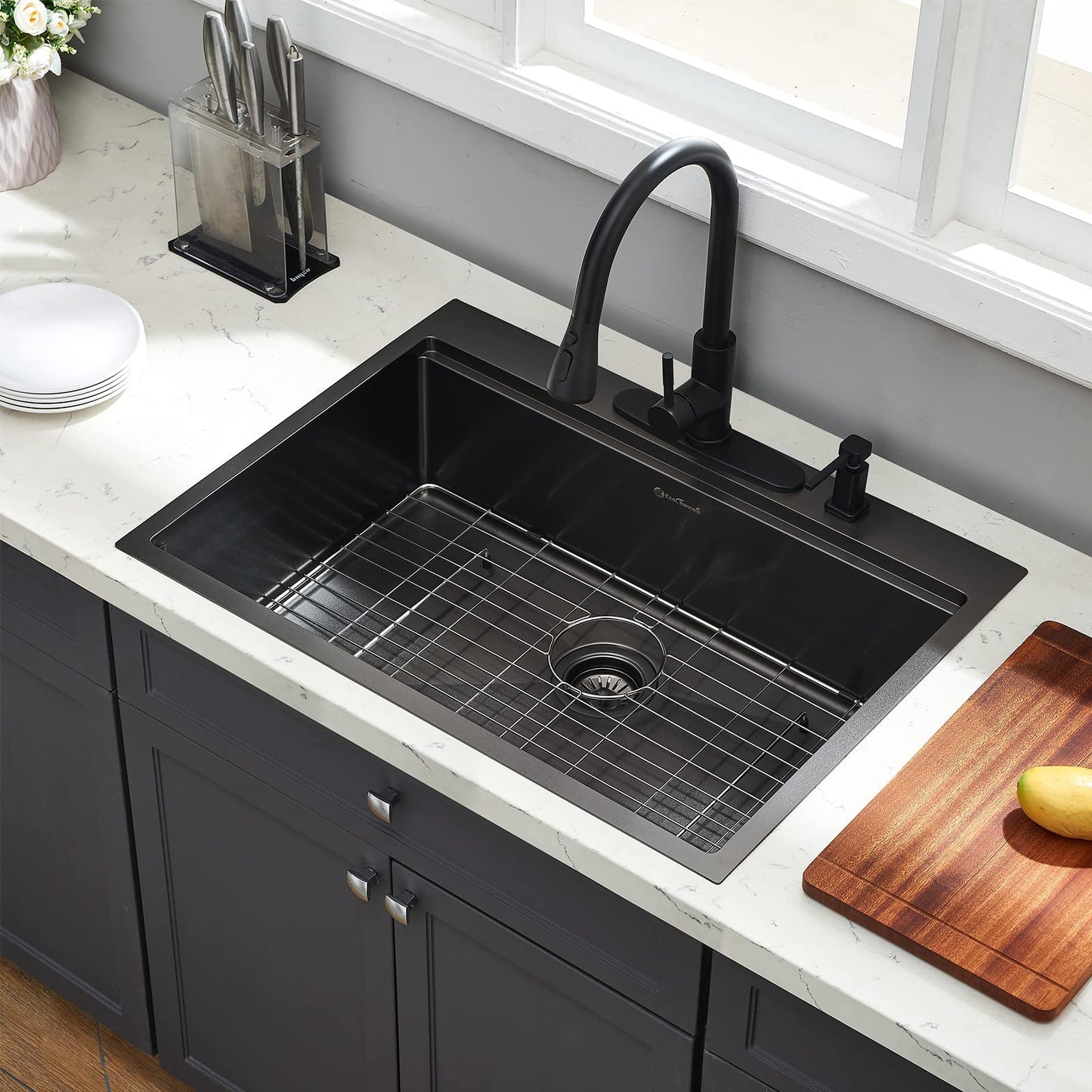 EcoChannels Drop-in Kitchen Sink - Single Bowl Workstation with Cutting Board, 30 x 22 x 10, Gunmetal Black, 16 Gauge Stainless Steel