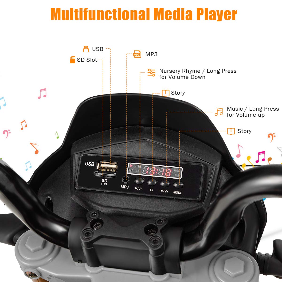 HONEY JOY Kids Motorcycle, 12V Aprilia Licensed Battery Powered Ride on Motorcycle w/Training Wheels, Headlight & Music, Foot Pedal, Spring Suspension, Electric Motorcycle for Boys Girls 2-8 (Black)
