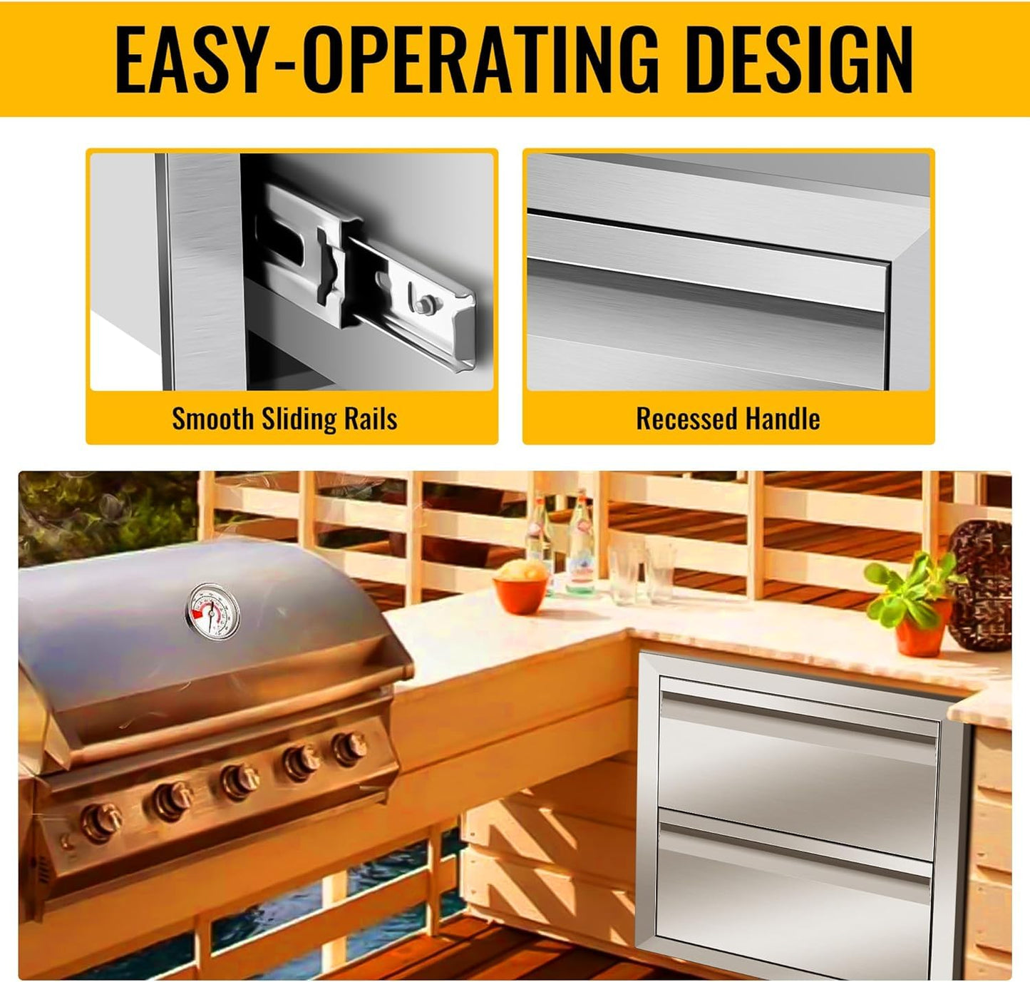 RAILEN Outdoor Kitchen Double Drawers 18''W x 15''H x 23''D Inch Stainless Steel Flush Mount BBQ Drawers for Outdoor Kitchen Island or Patio Grill Station