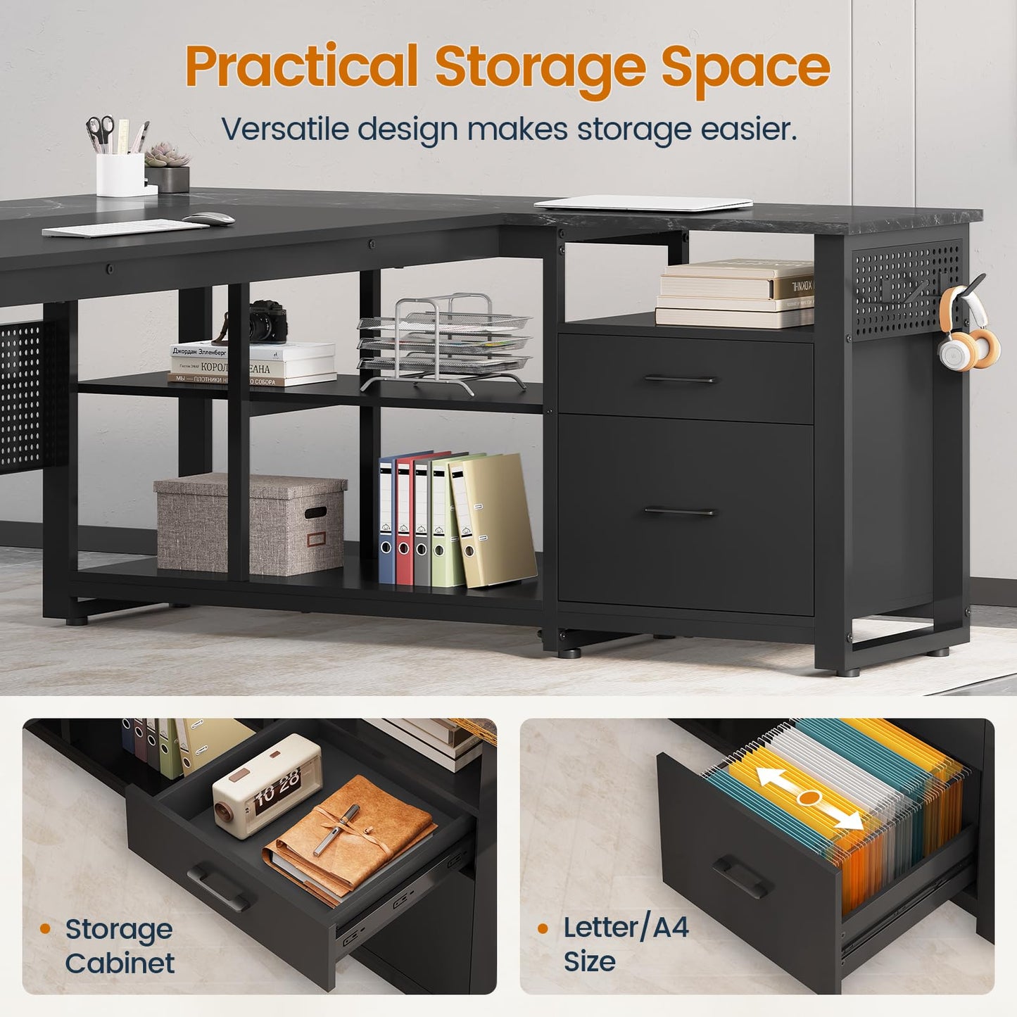 71 in Executive Desk with Power Outlets, Reversible L Shaped Desk with File Drawers & Storage Shelves, Large Office Desk Computer Desk with Pegboard, Mobile CPU Stand, Modern Corner Desk (Black)