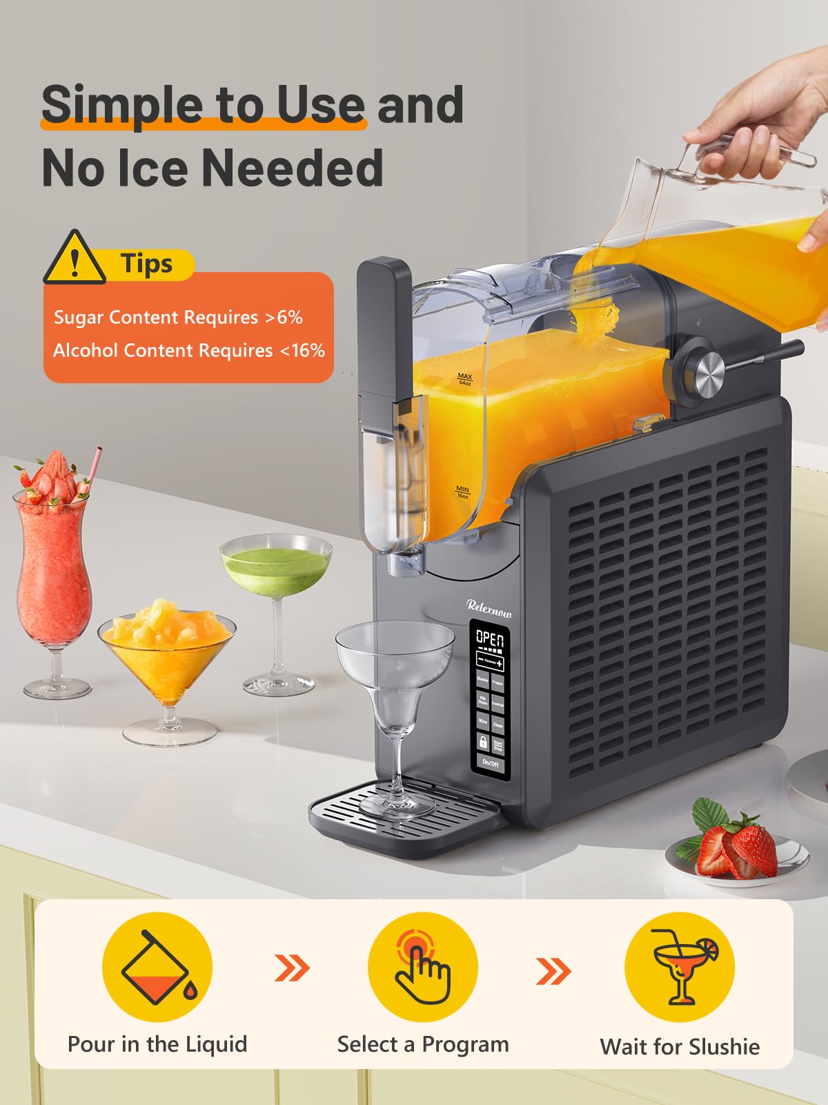 RELEXNOW Slushie Machine No Ice Needed, 88 oz Slushy Machine for Home, Professional 6 in 1 Frozen Drink Maker with Self-Cleaning for Margaritas, Frappés, Milkshake and More