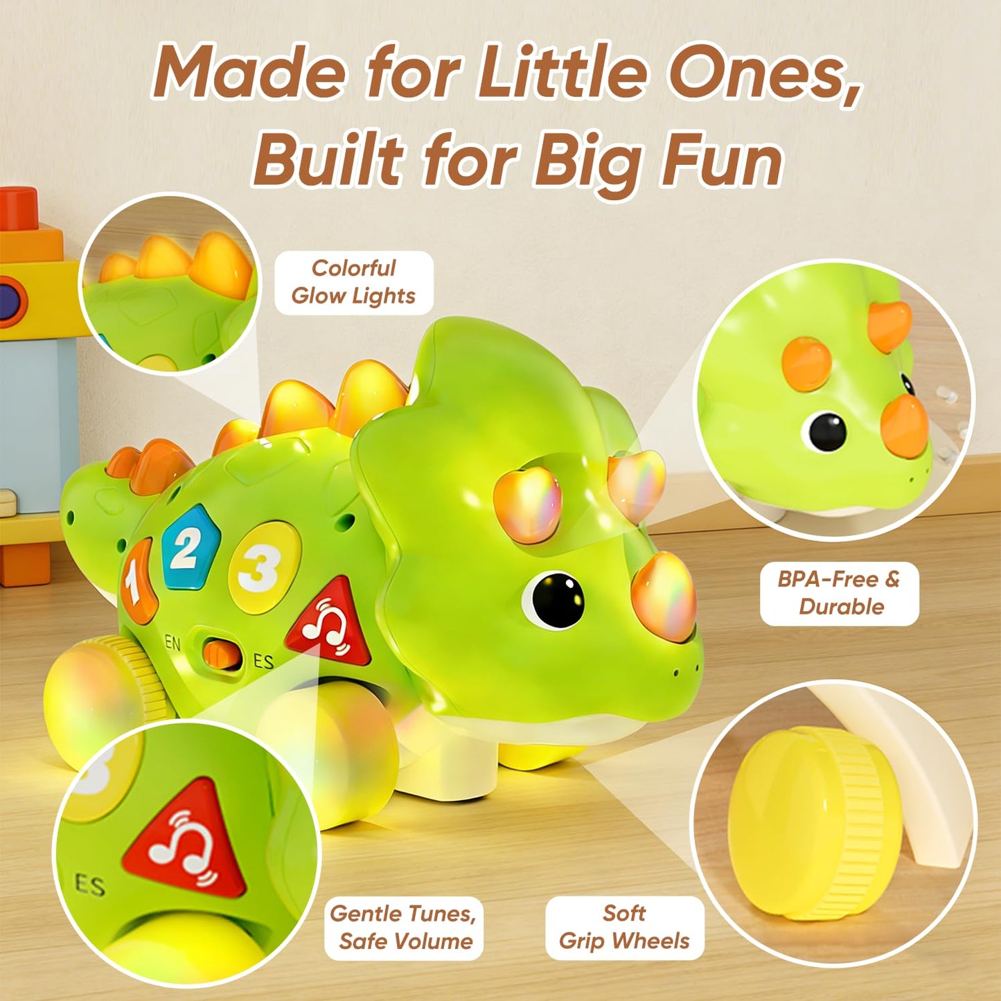 Seozio Dinosaur Baby Musical Toys, Dinosaur Tummy Time Toy with Musical for Kids, Early Learning Educational Crawling Toys Gifts for Toddlers Ages 1-3.
