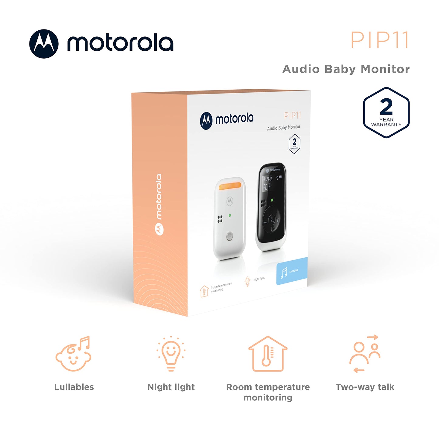 Motorola Nursery PIP11 Audio Baby Monitor, Nightlight, 1000ft Range, 2-Way Talk, Lullabies, Portable Parent Unit (AAA Rechargeable Batteries Included)