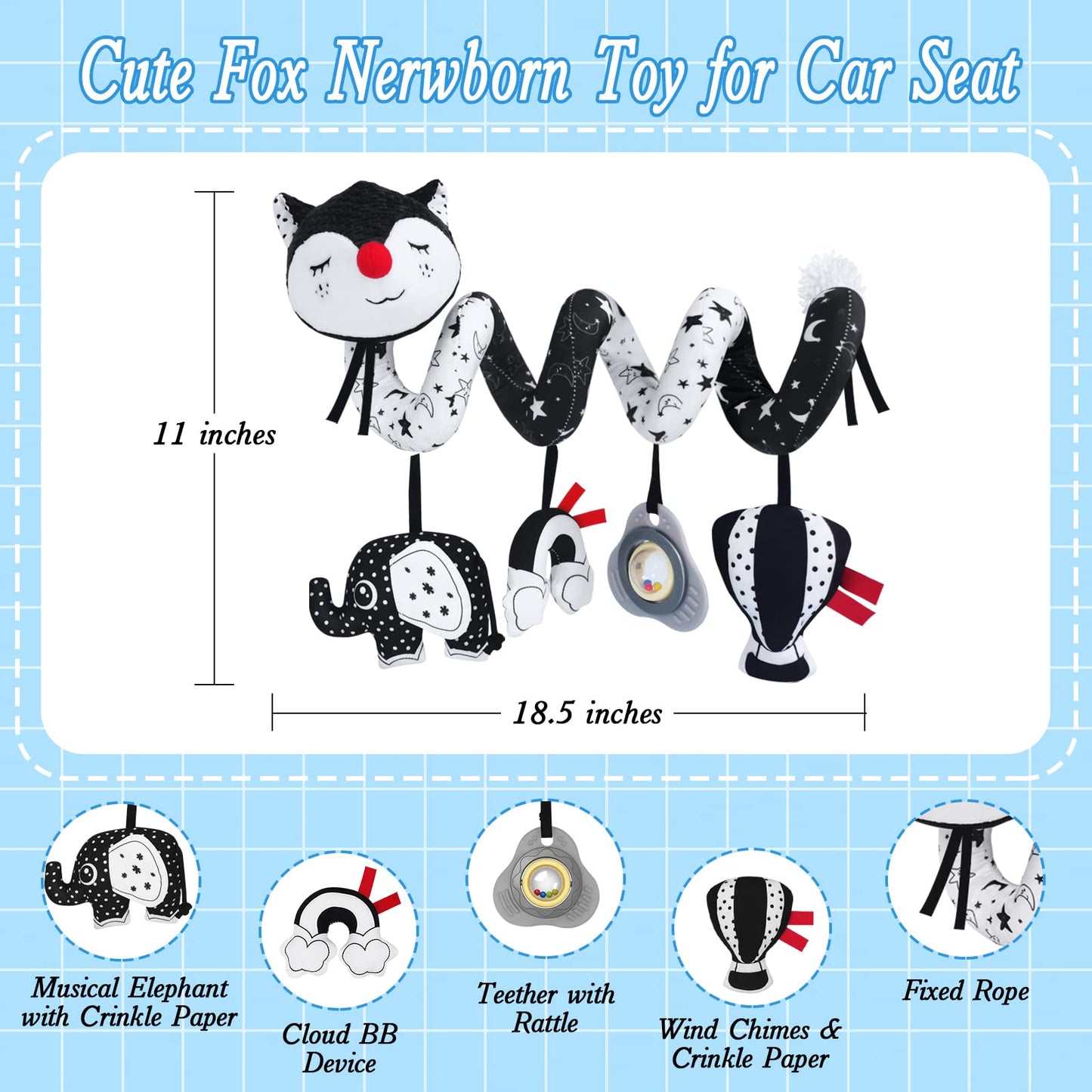 FATI Car Seat Toys for Babies 0-6 Months, Black and White High Contrast Baby Spiral Carseat Toy for Infant 0-3, 3-6 Newborn, Stroller Toys for 0 3 6 9 12 Months Baby Ideal Gift