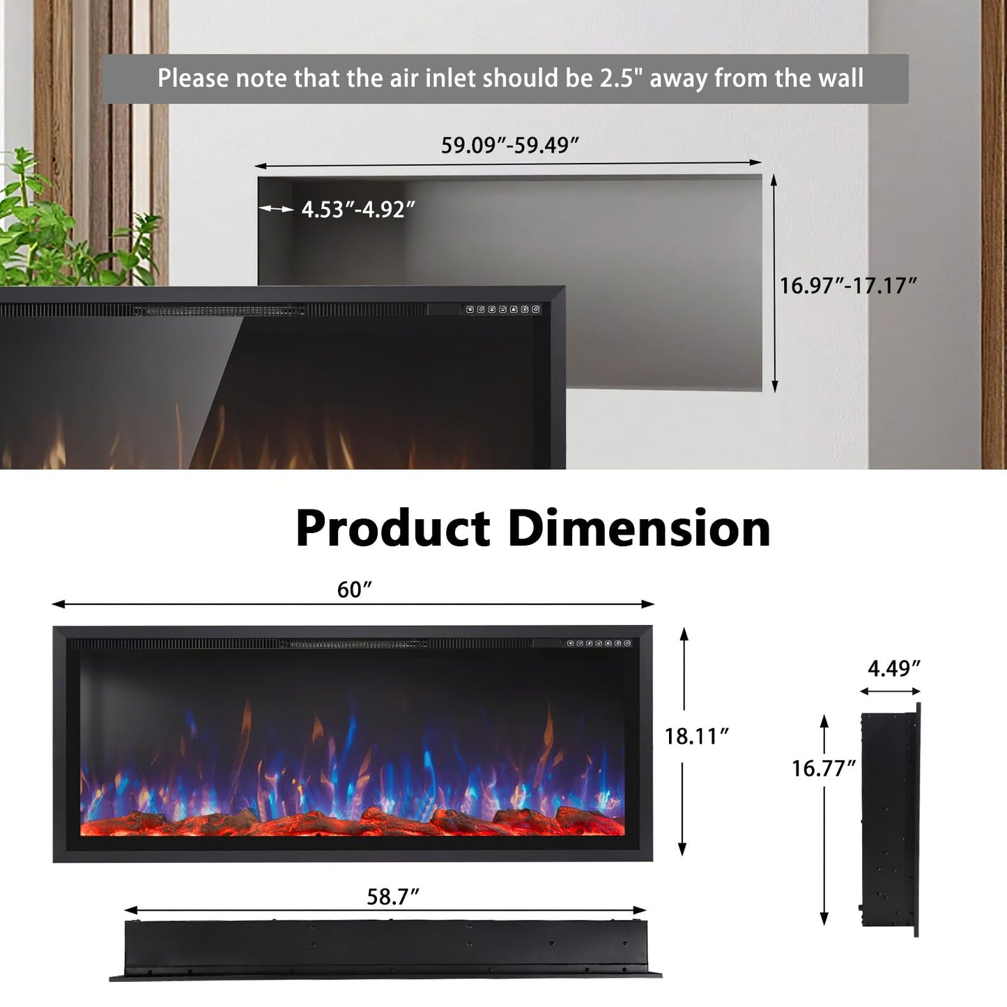 PRETZI 60" Electric Fireplace Ultra Narrow Aluminum Frame & Wide Screen, Electric Fireplace Inserts/Wall Mounted with Heater, Adjustable Flame Color and Brightness, Remote Control/Timer, 750/1500w