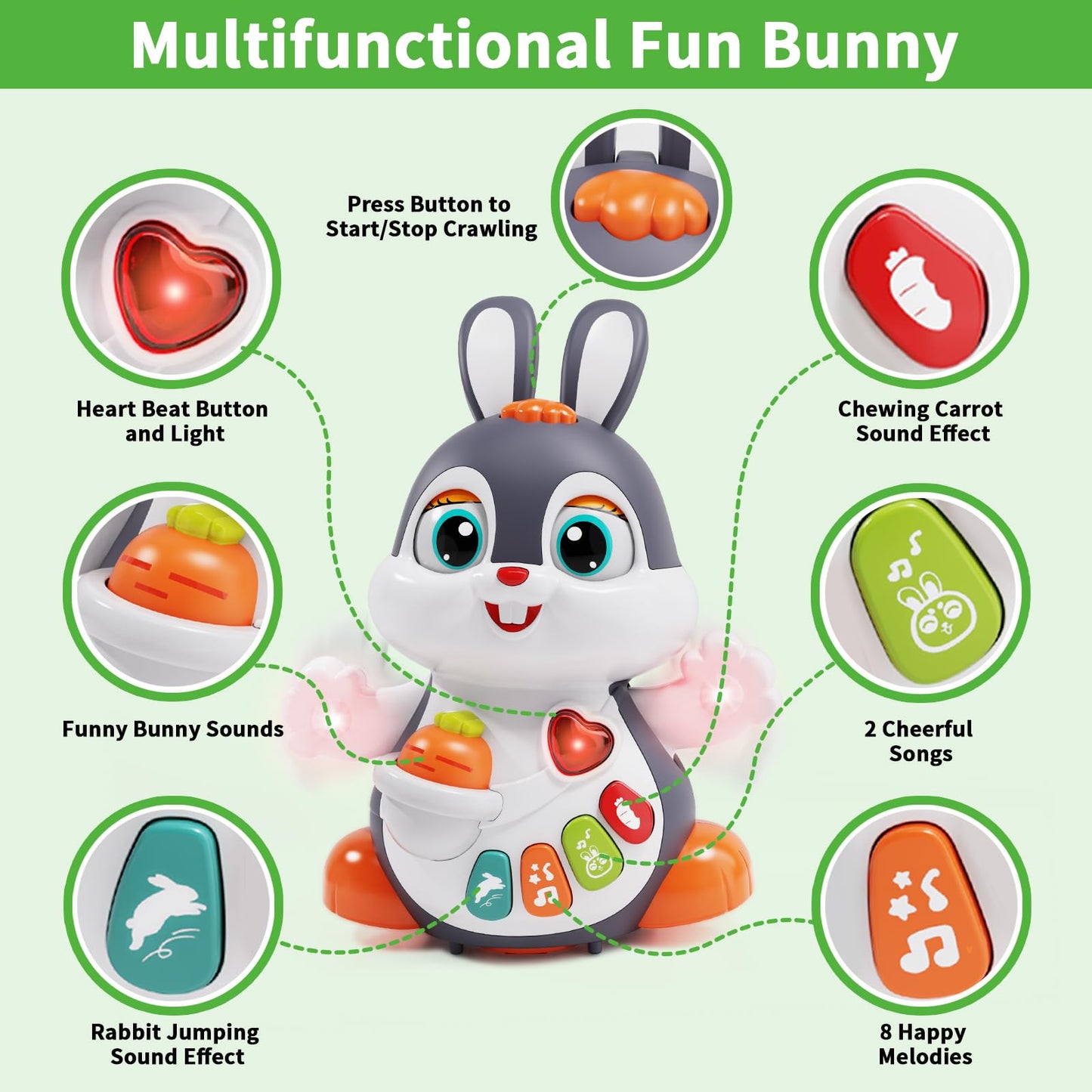 Wanonoo Baby Musical Bunny Toy Dancing Crawling Tummy Time Toys, Light Up Infant Toys 0-3-6 6-12 12-18 Months Birthday Gifts for 1 Year Old Boy Girl Learning Baby Basket Stuffers