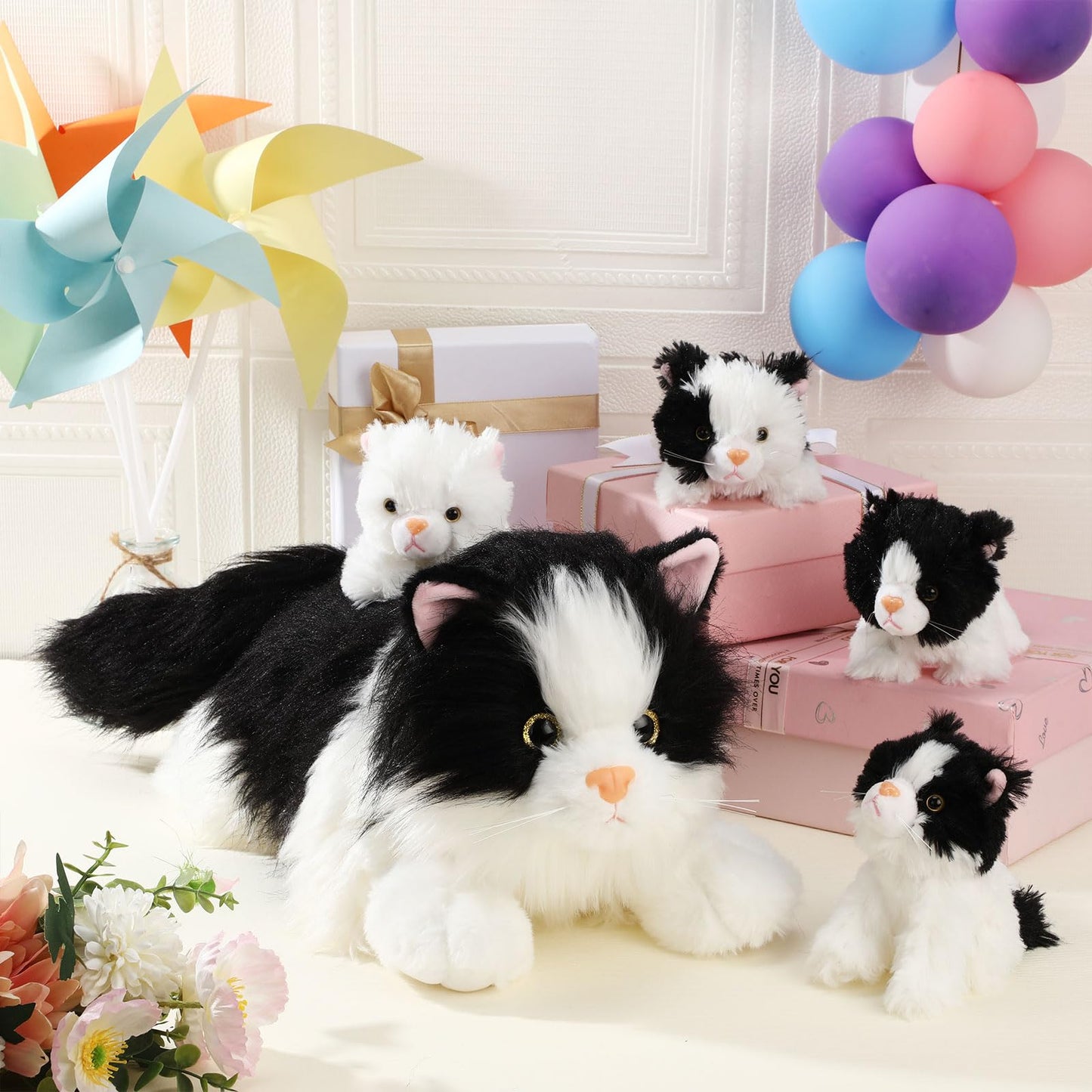 HyDren 5 Pcs Realistic Ragdoll Cat Stuffed Animal, 17.75 Inches Large Ragdoll Cat Mommy Plush with 4 Cute Babies Soft Plush Kittens Set for Girls Boys Birthday Party Favors(Black)