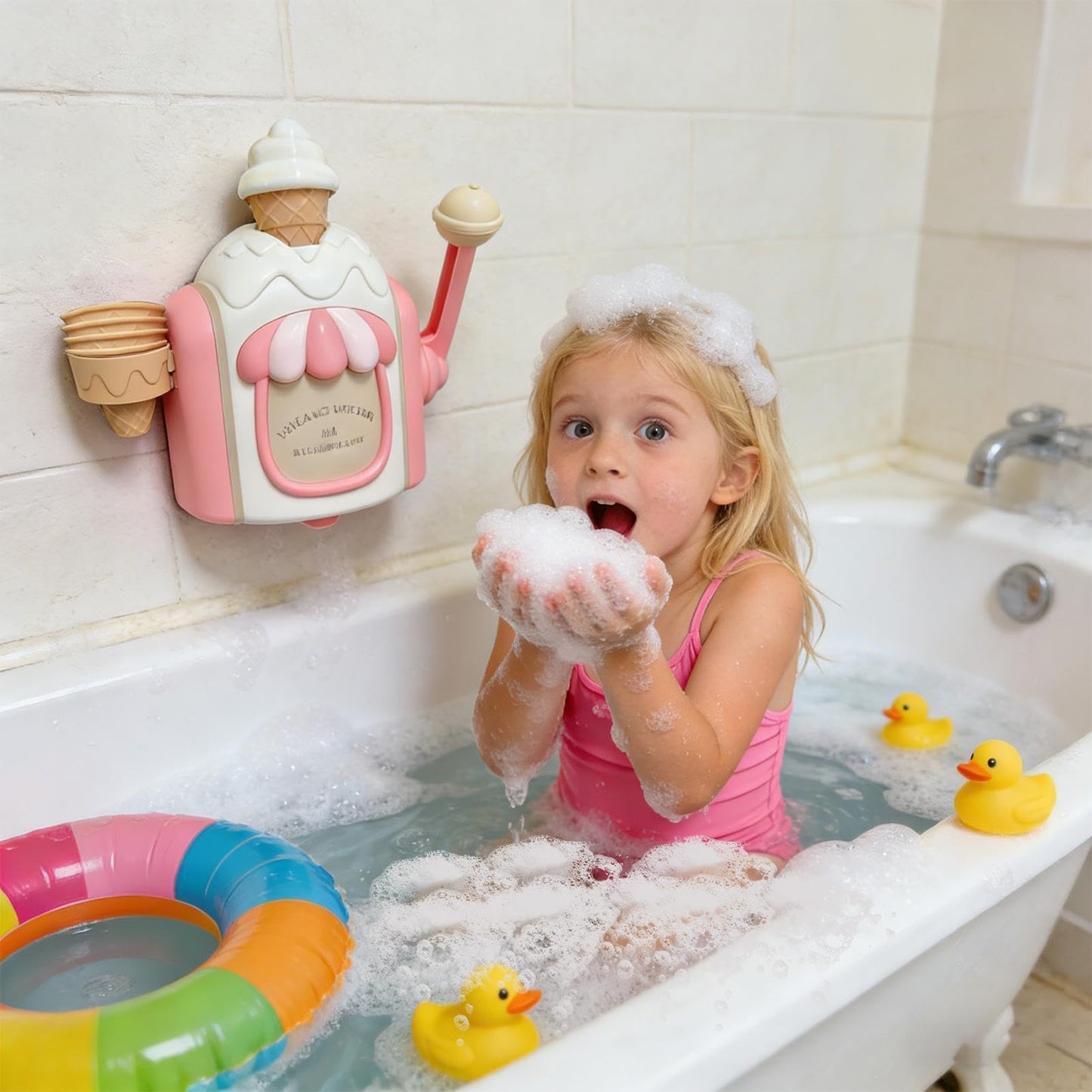 Bubble Foam Maker Toy - Bath Ice Cream Pretend Play Machine, Kids Educational Bathtub Bubble Dispenser, Fun Activity Play Set