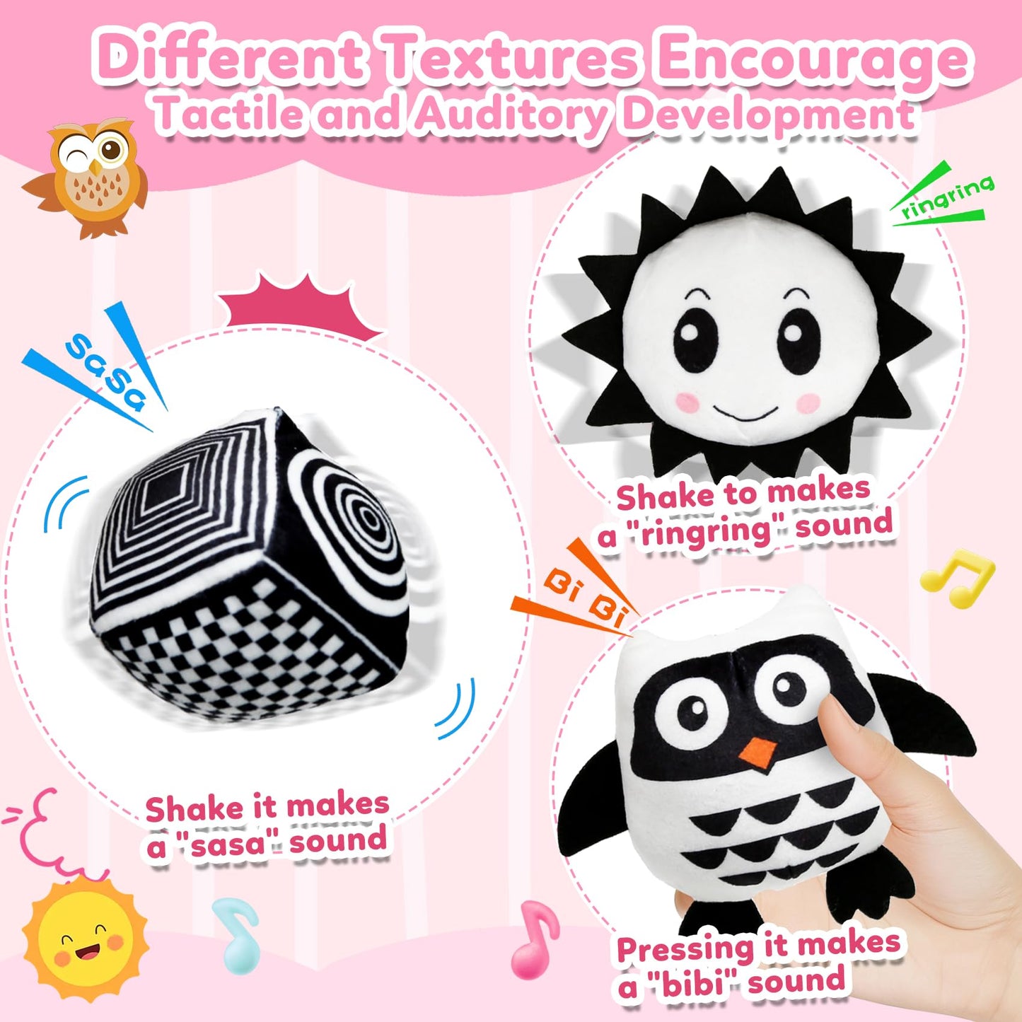 Baby Hanging Stroller and Car Seat Toys High Contrast Baby Toys for Newborn Black and White Sensory Plush Activity Toy for Babies 0-6 Months-OWL