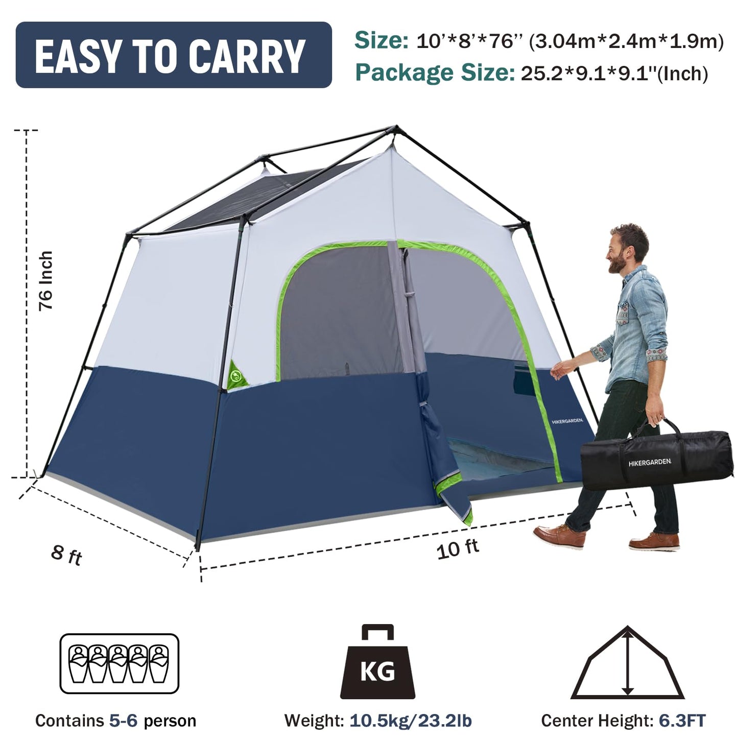 HIKERGARDEN 6 Person Camping Tent - Portable Easy Set Up Family Tent for Camp, Windproof Fabric Cabin Tent Outdoor for Hiking, Backpacking, Traveling (Dark Blue)