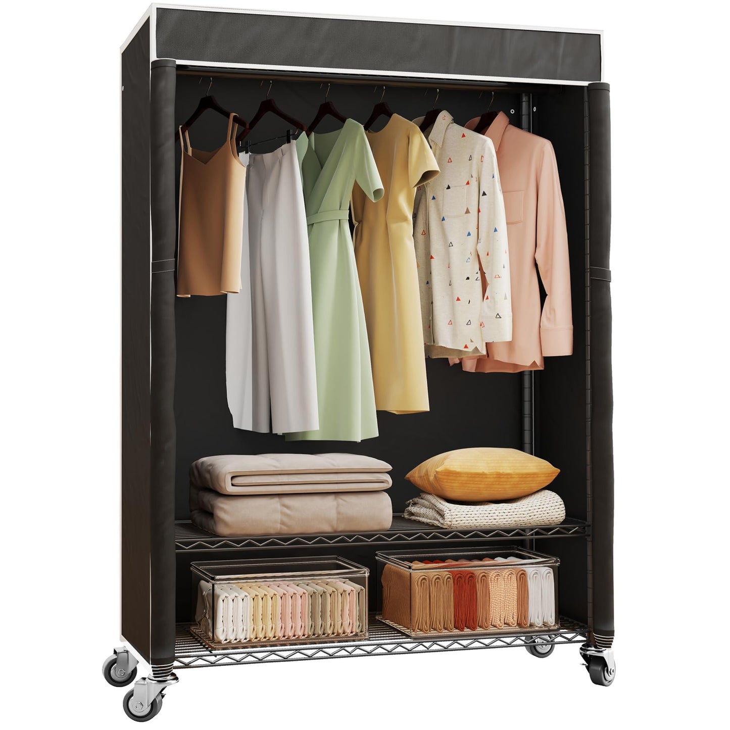 Higeego H4 Plus Rolling Garment Rack with Cover, Heavy Duty Clothes Rack with Wheels, Portable Closet for Hanging Clothes, Wardrobe Closets Organizer Storage, Black Closet Rack with Black Fabric Cover