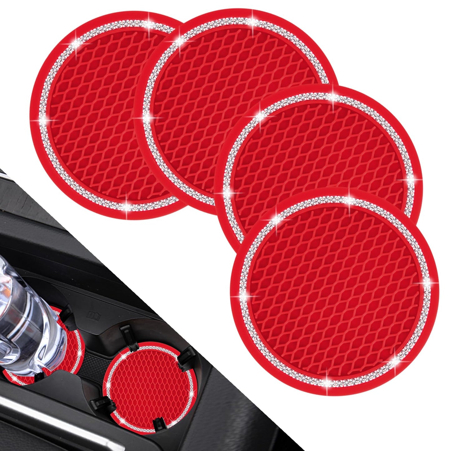 4 Pack Car Coasters, Universal Vehicle Bling Car Coaster, Cute Rhinestone Coaster for Cup Holders,Interior Accessories 2.75'' Silicone Anti Slip Car Coasters for Women (Pink Crystal Circle)