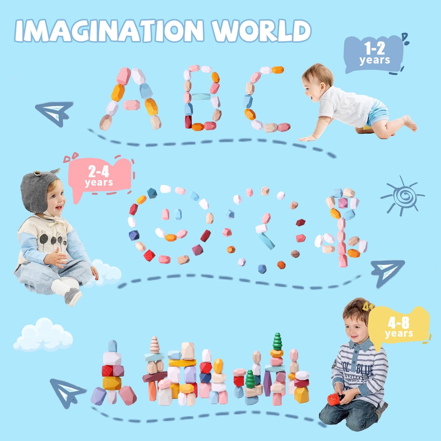 YHHYTOY 48 PCS Wooden Stacking Rocks Stones Building Blocks, Montessori Toys for 3+ Year Old Preschool Learning Activities Balancing Stacking Game, Birthday Gifts for 3 4 5 6 Year Old Girls Boys Kids